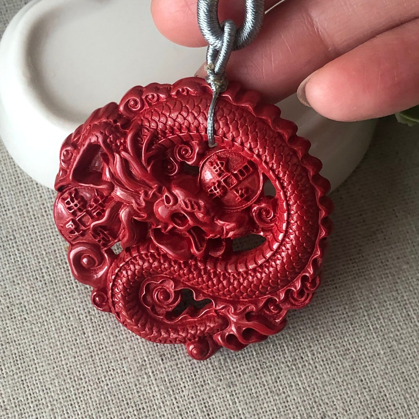 50mm Cinnabar Carved Dragon Lucky Coin Pendant