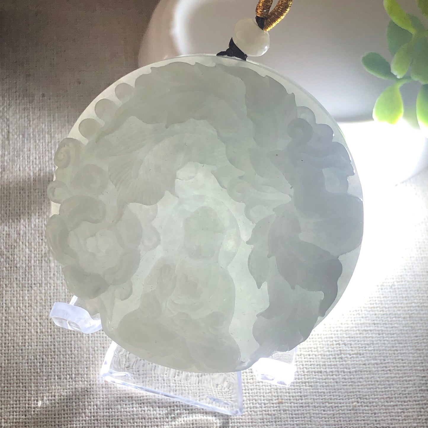 56 mm Icy Lavender Blue Jade Guanyin Phoenix Flower Pendant