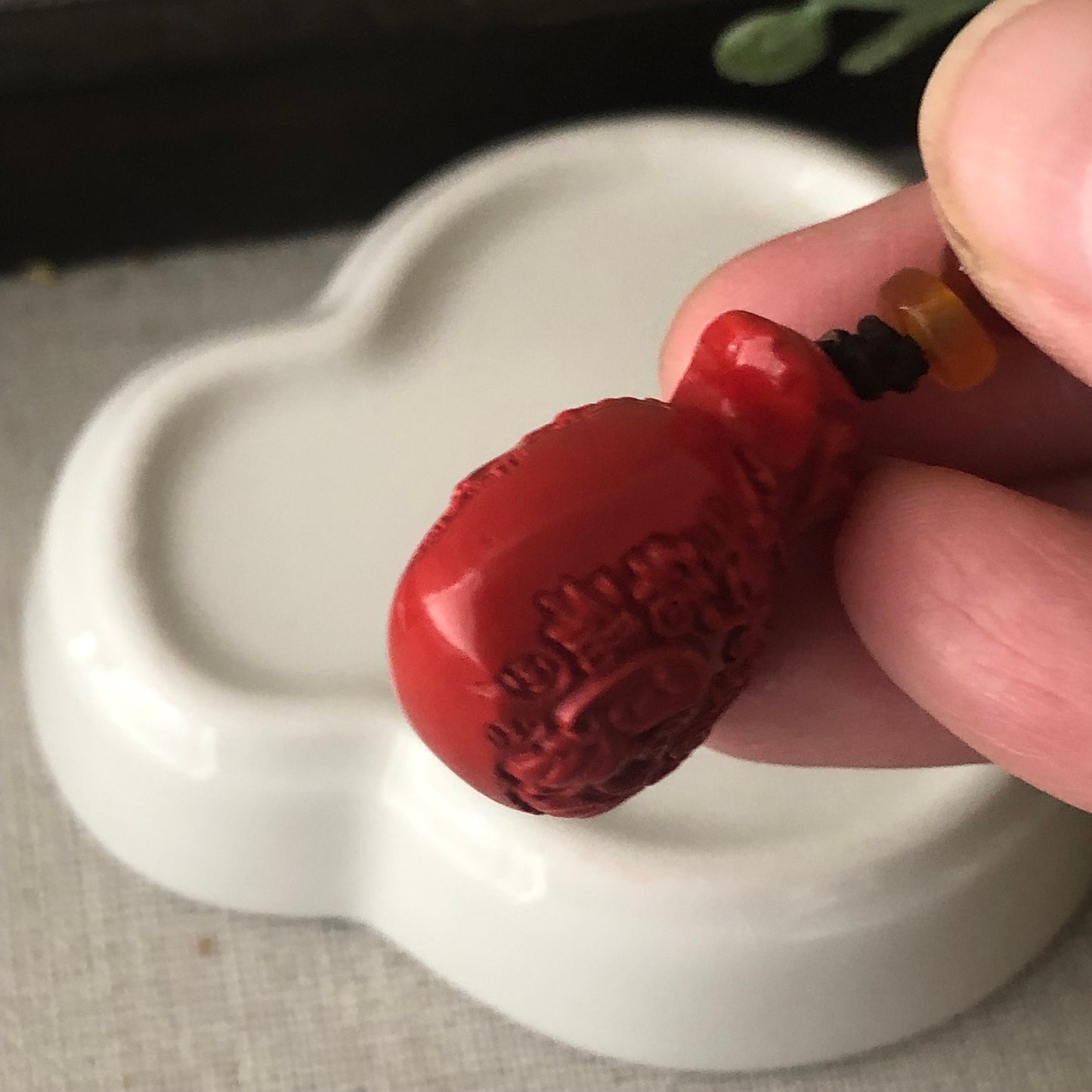 24 mm Cinnabar Carved Money Bag Carved Asian Character Key Charm Pendant