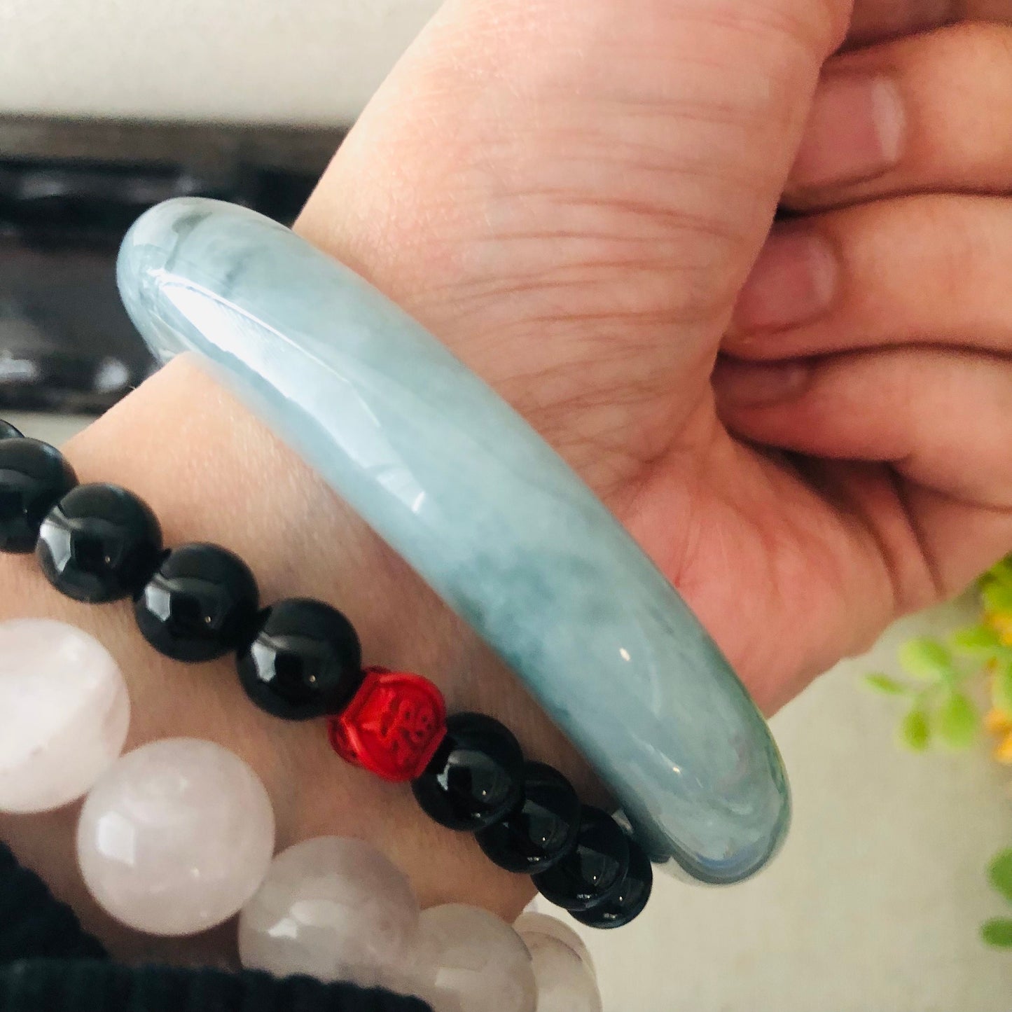 57.6mm Jadeite Jade Icy Blue Green Float Flowers D-shaped Bangle