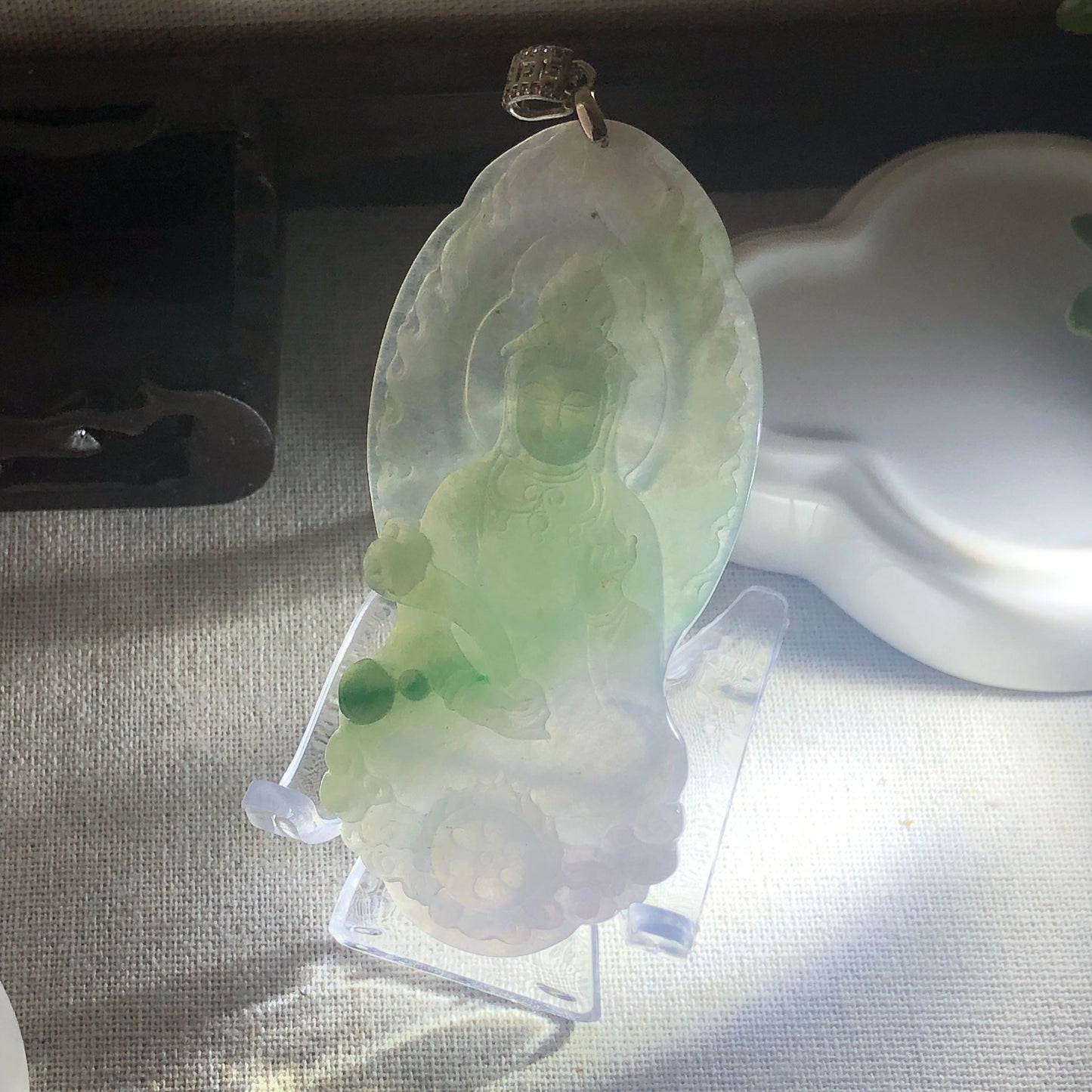 81.5 mm Icy Lavender Green Jade Guanyin Pendant