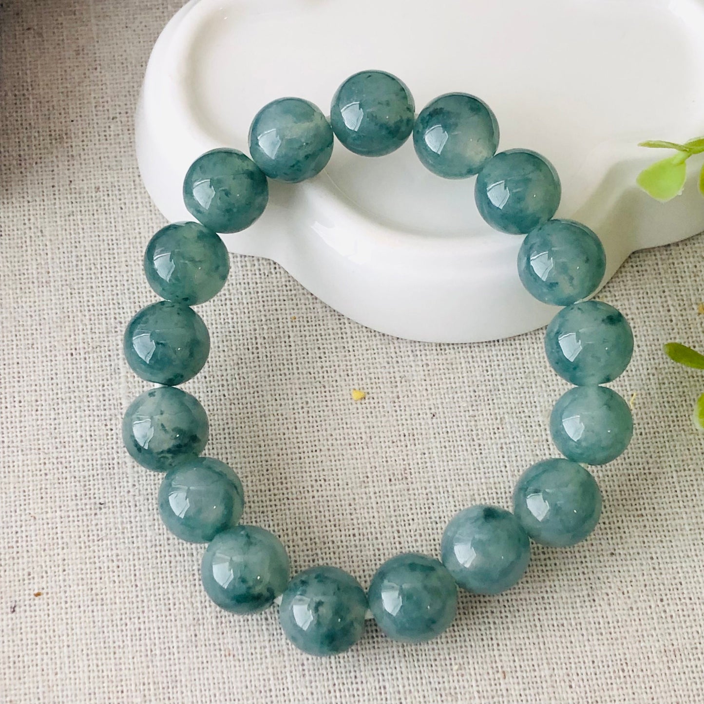 11.5 mm Blue green float flowers Jadeite Jade Bead Bracelet