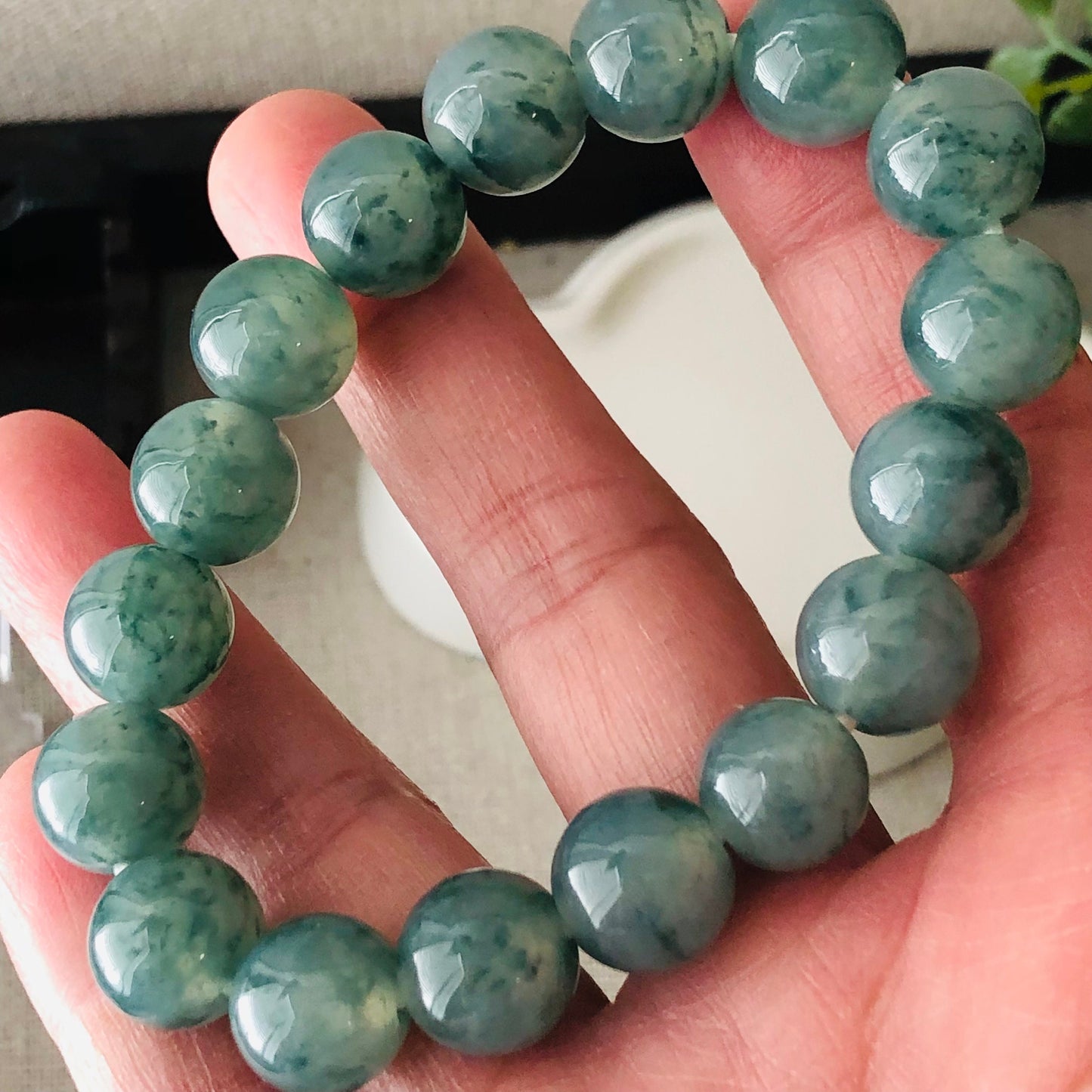 11.5 mm Blue green float flowers Jadeite Jade Bead Bracelet