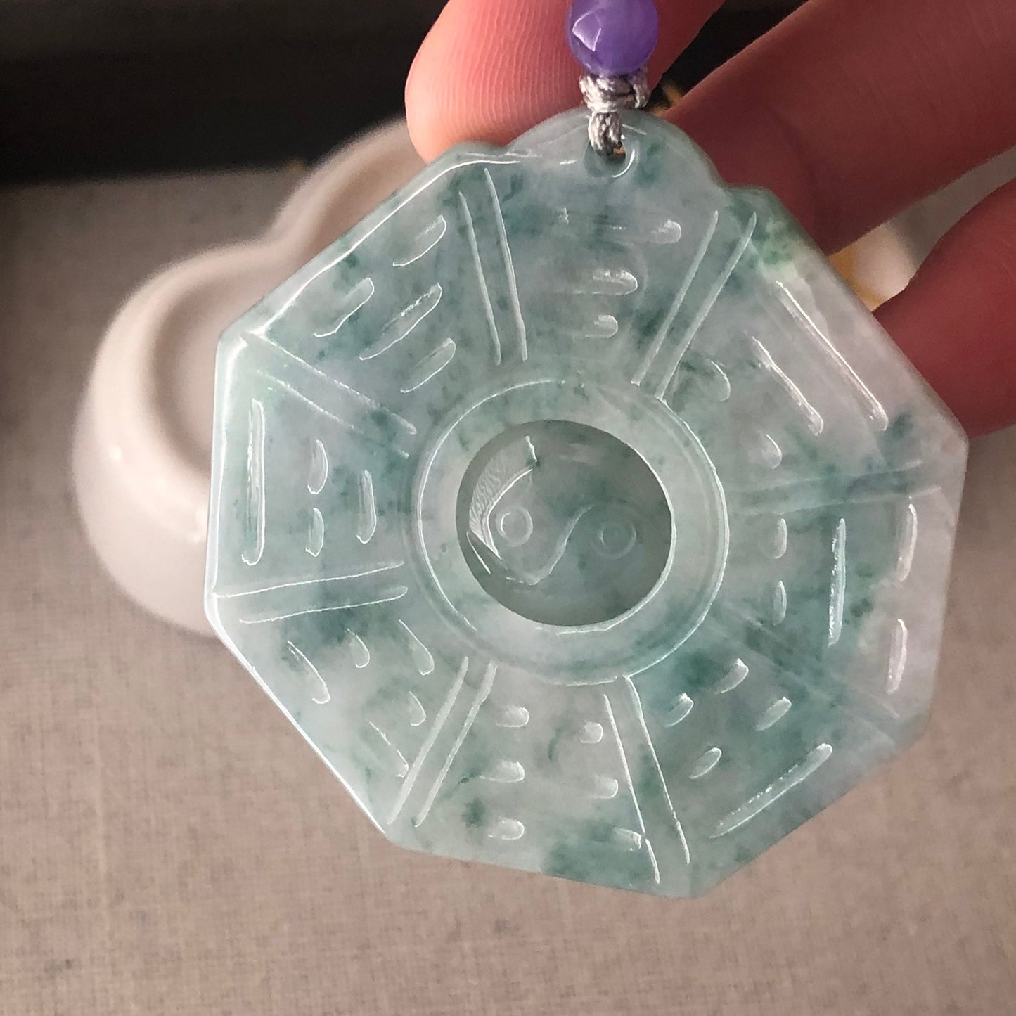 46 mm Green Jadeite Jade Carved Bai Gua Pendant