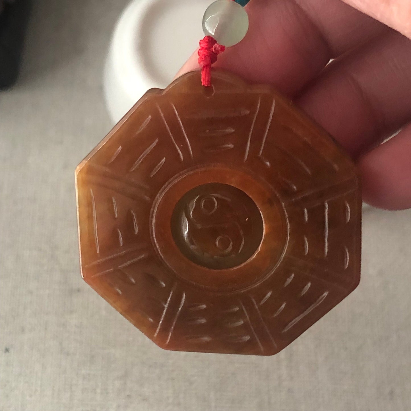 41 mm Red Brown Jadeite Jade Carved Bai Gua Pendant
