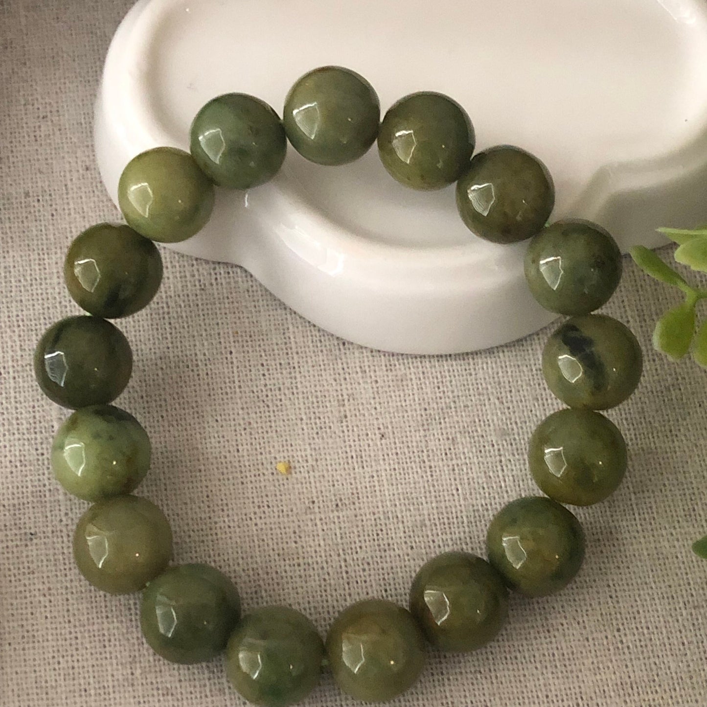 12.5 mm RARE Olive Green Yellow Jadeite Jade Bead Bracelet