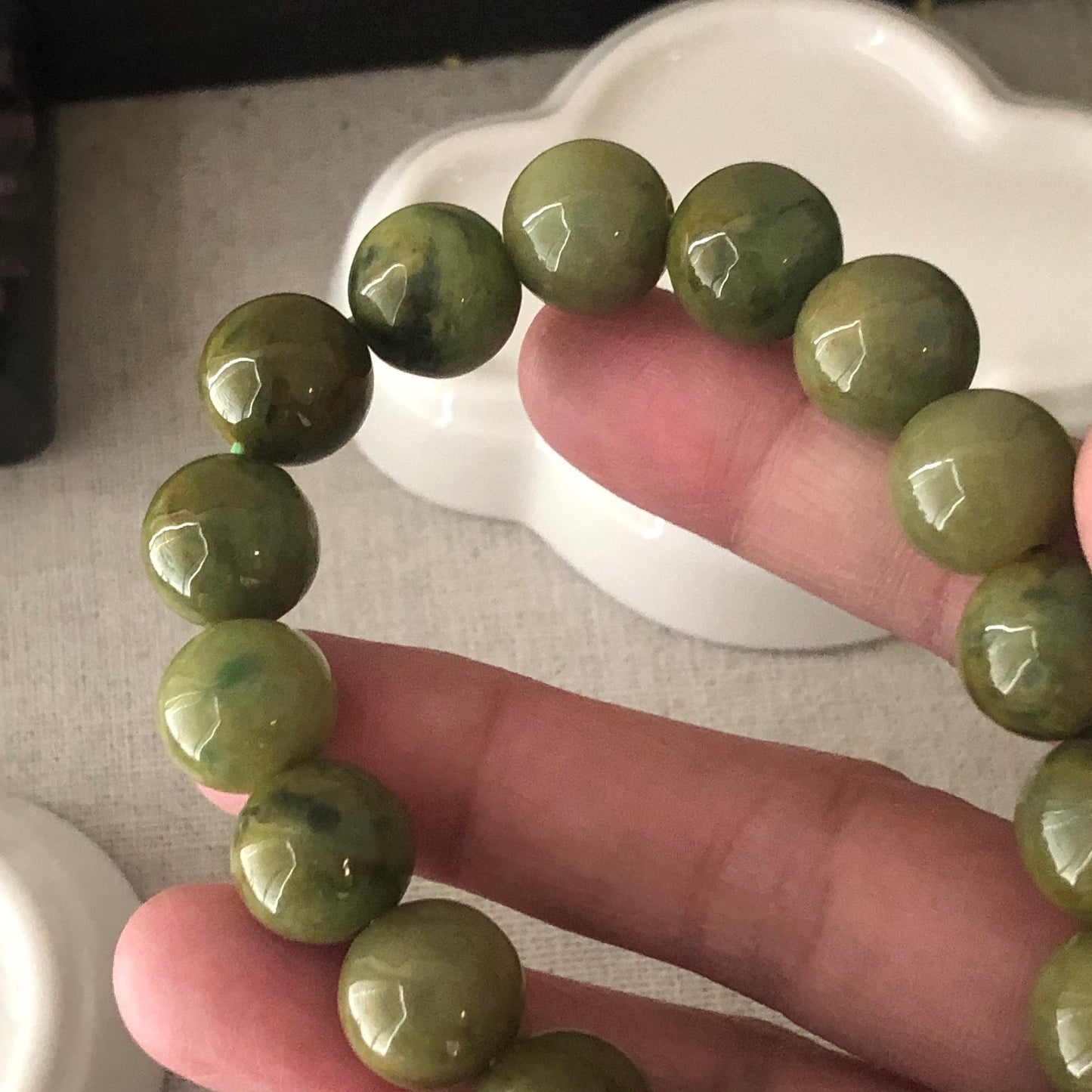 12.5 mm RARE Olive Green Yellow Jadeite Jade Bead Bracelet
