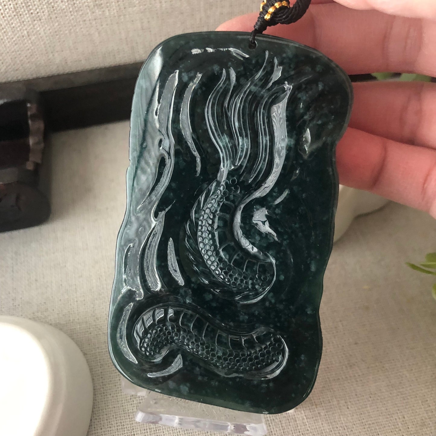 81.5mm Jadeite Jade Glossy Green Carved Dragon Pendant