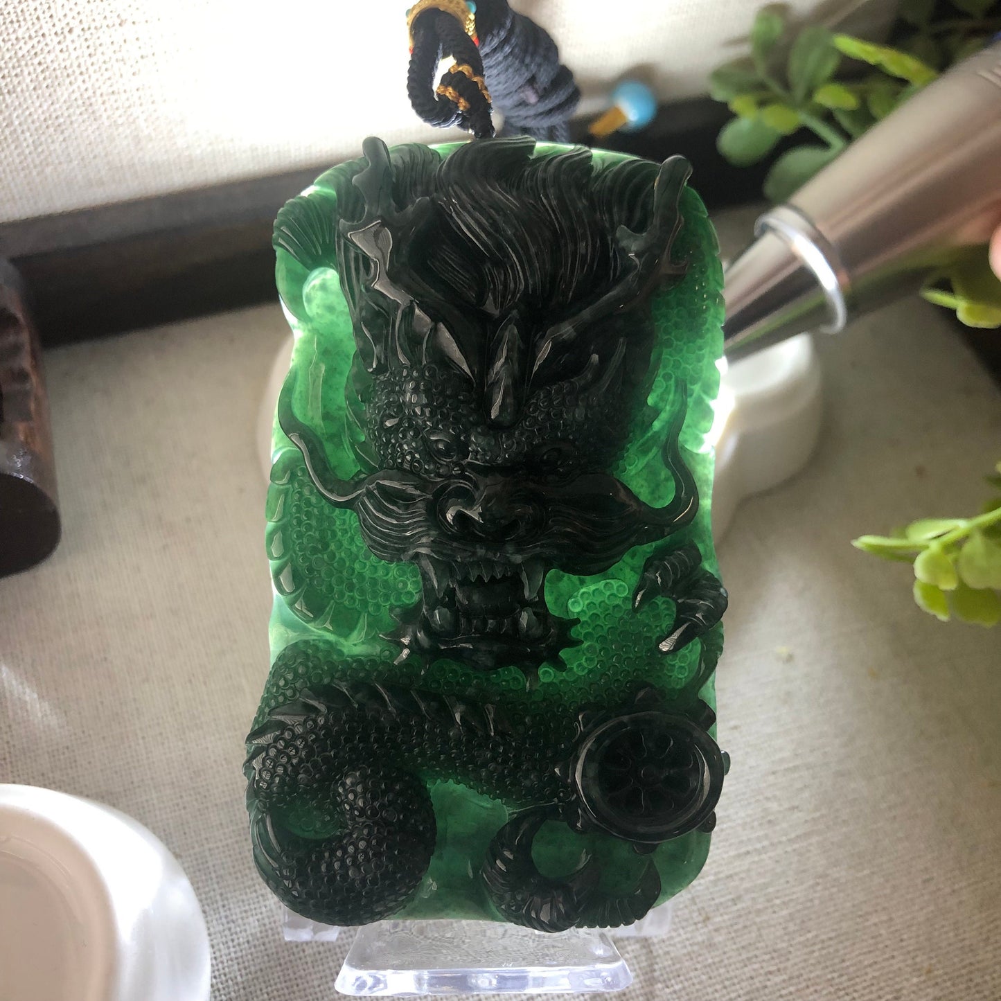 81.5mm Jadeite Jade Glossy Green Carved Dragon Pendant
