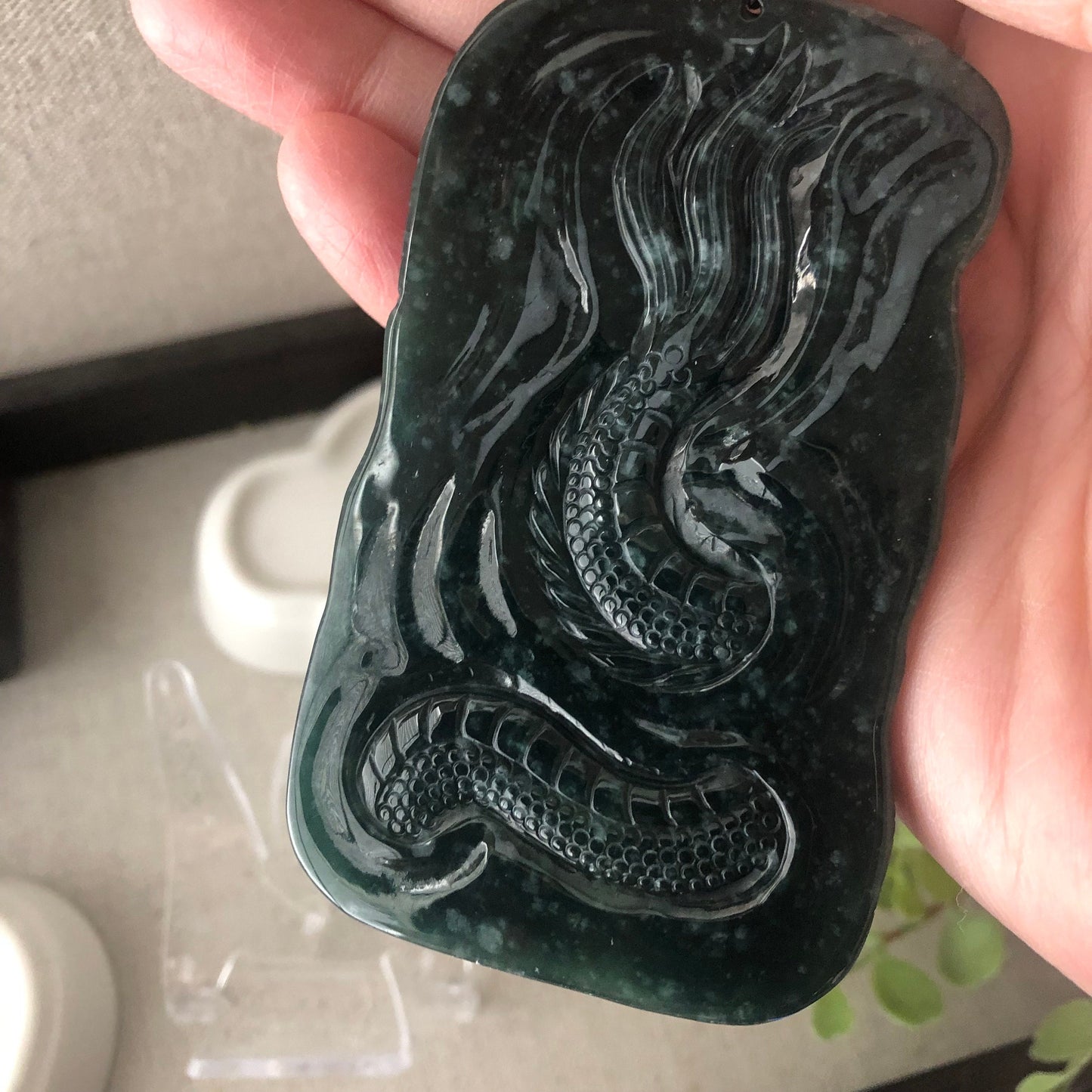 81.5mm Jadeite Jade Glossy Green Carved Dragon Pendant