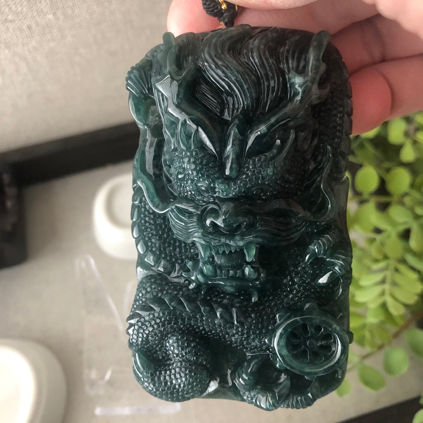 81.5mm Jadeite Jade Glossy Green Carved Dragon Pendant