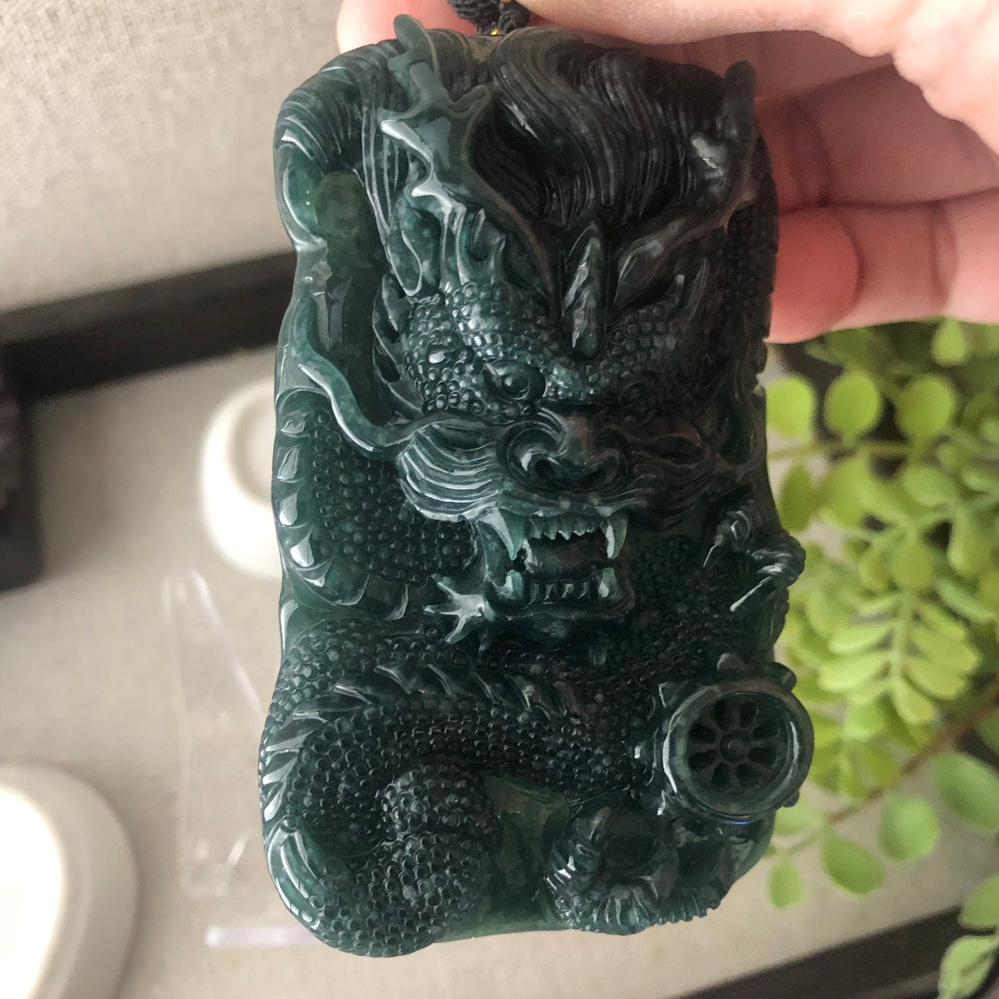 81.5mm Jadeite Jade Glossy Green Carved Dragon Pendant