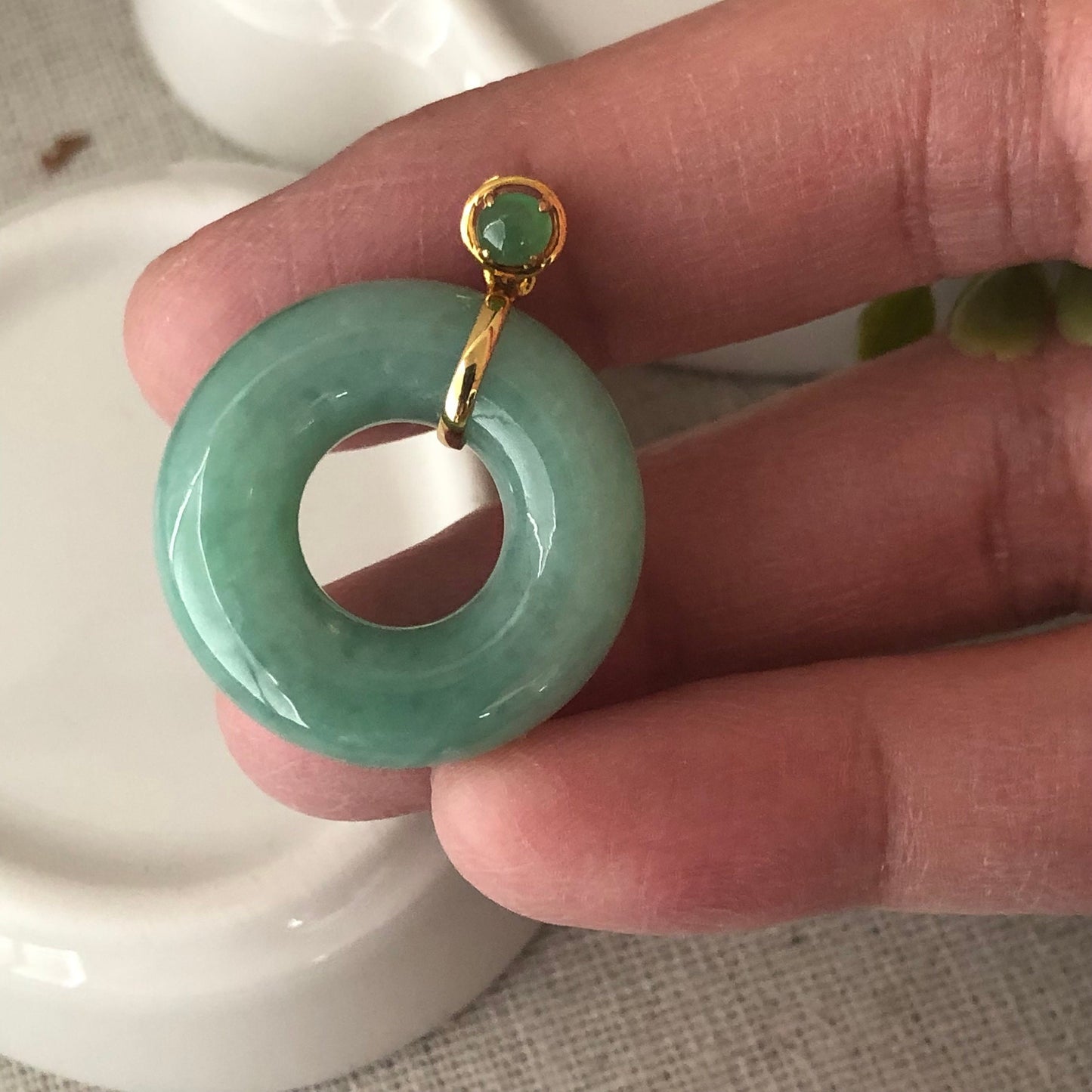 18K 23mm Jadeite Jade Green Donut Pendant