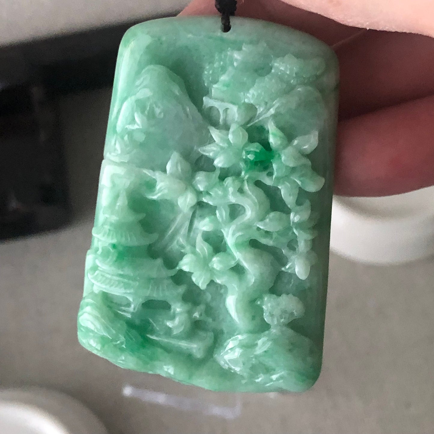 54.7 mm Green Jadeite Jade Carved Mountain Trees Scenery Pendant