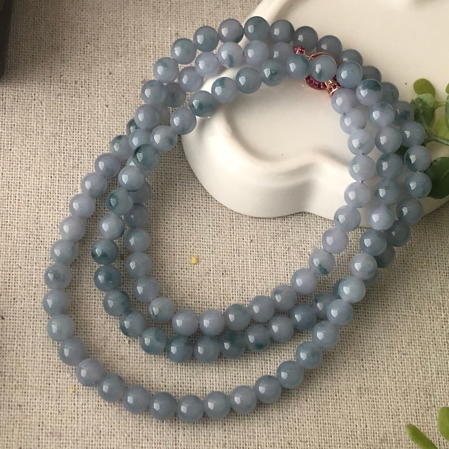 6.3mm Lavender Blue Green Float Flowers Jadeite Jade Bead Bracelet Necklace RARE