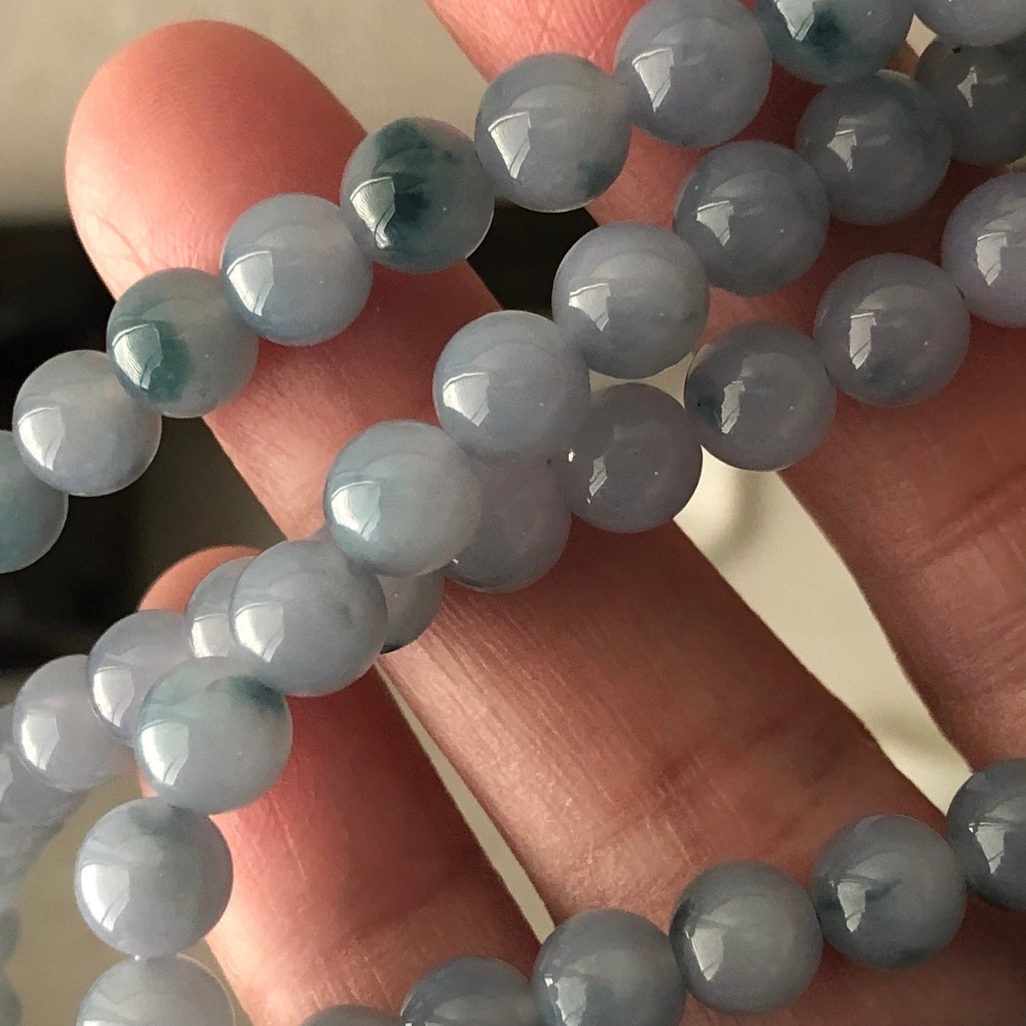 6.3mm Lavender Blue Green Float Flowers Jadeite Jade Bead Bracelet Necklace RARE