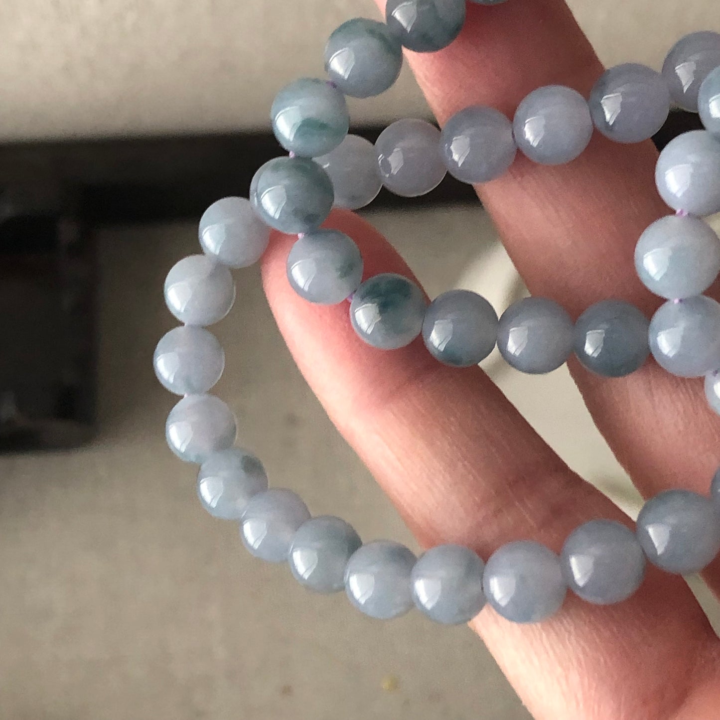 6.3mm Lavender Blue Green Float Flowers Jadeite Jade Bead Bracelet Necklace RARE