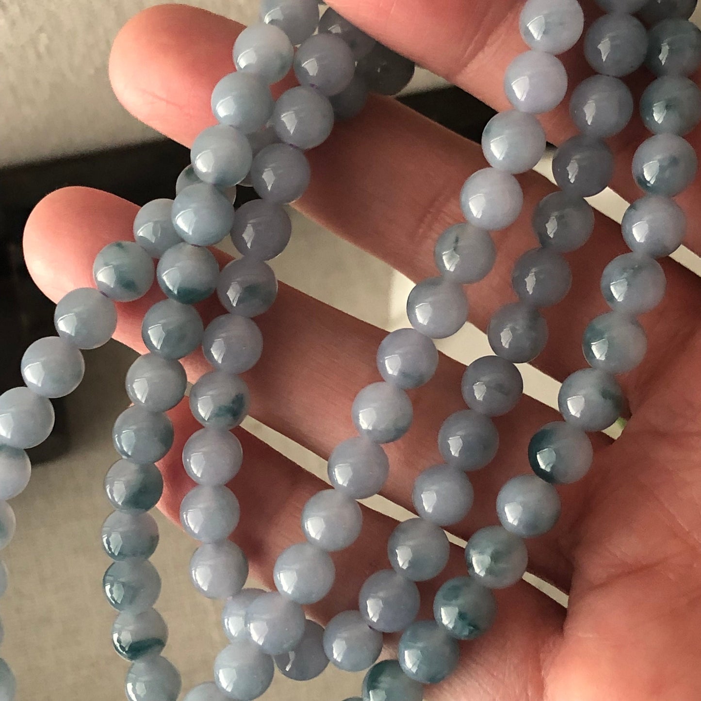 6.3mm Lavender Blue Green Float Flowers Jadeite Jade Bead Bracelet Necklace RARE