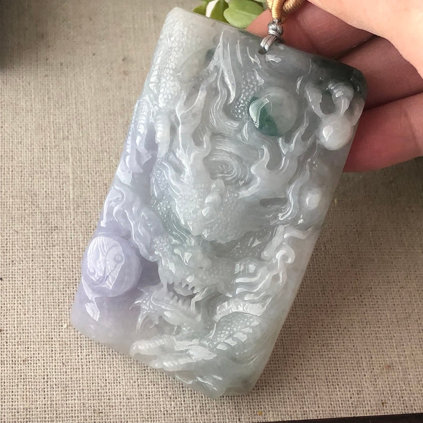78.3mm Glossy Lavender Green Float Flowers Jadeite Jade Carved Dragon Pendant