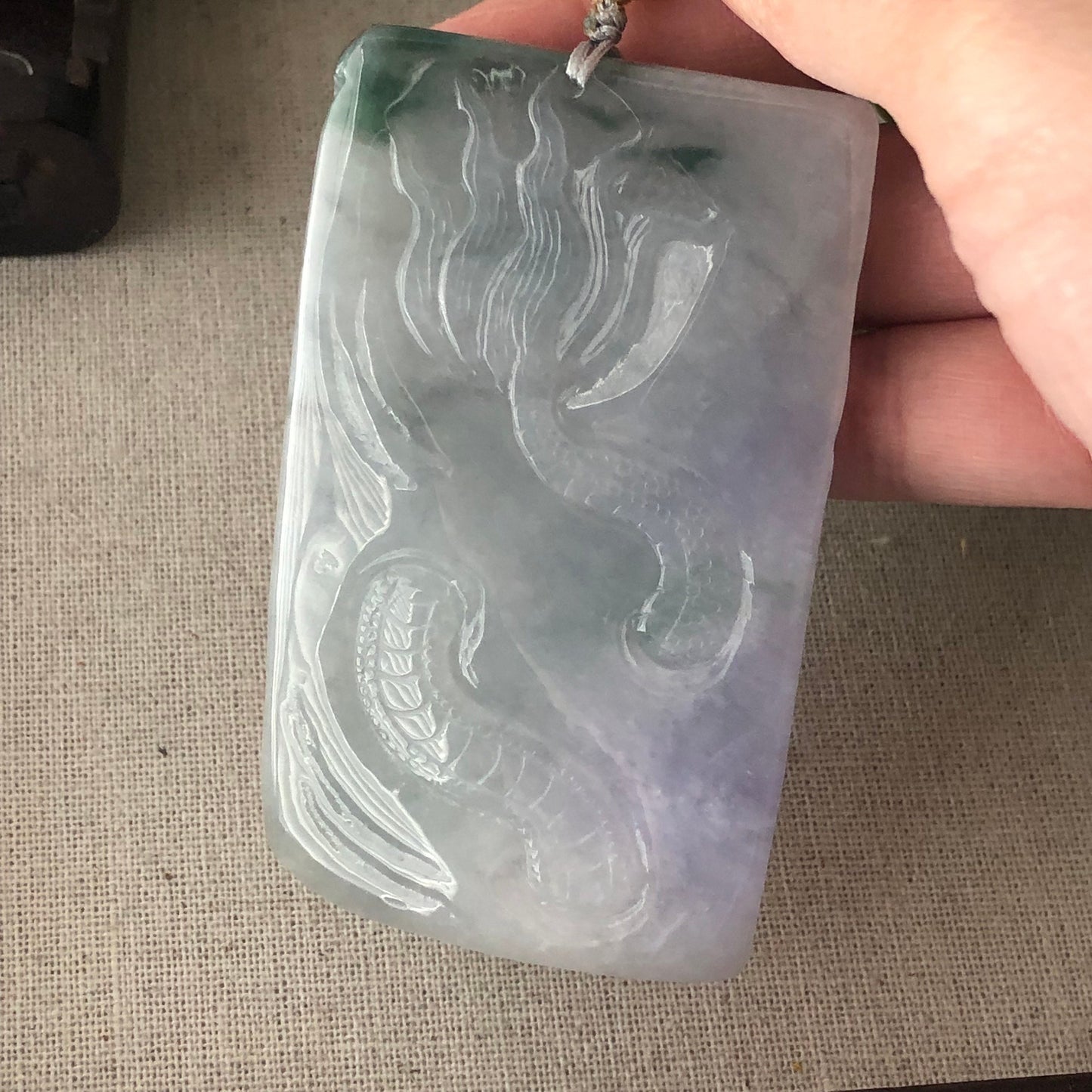 78.3mm Glossy Lavender Green Float Flowers Jadeite Jade Carved Dragon Pendant