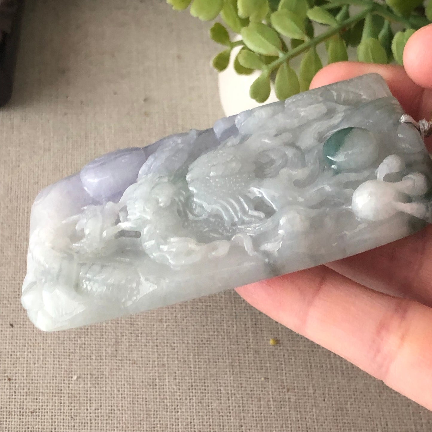 78.3mm Glossy Lavender Green Float Flowers Jadeite Jade Carved Dragon Pendant