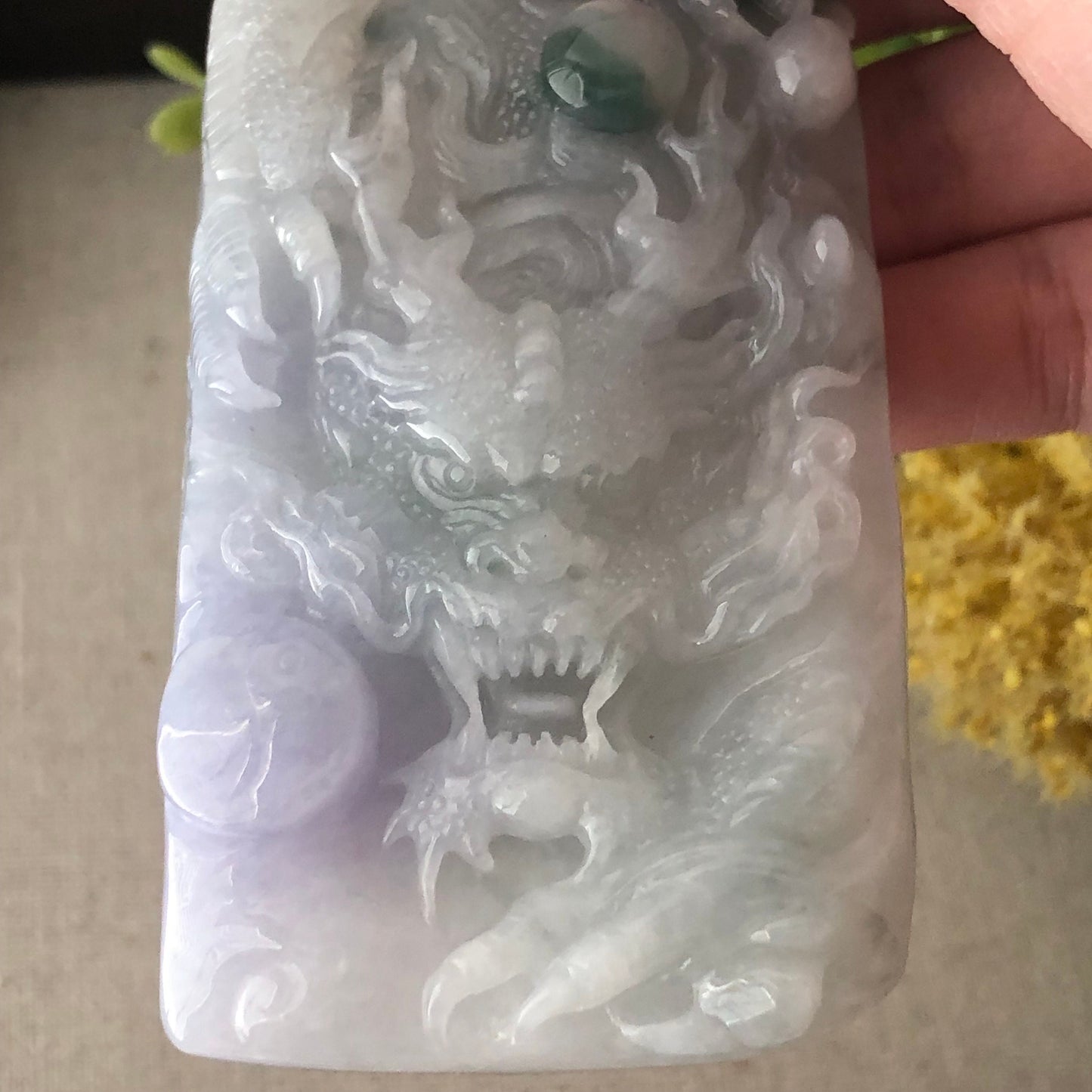 78.3mm Glossy Lavender Green Float Flowers Jadeite Jade Carved Dragon Pendant