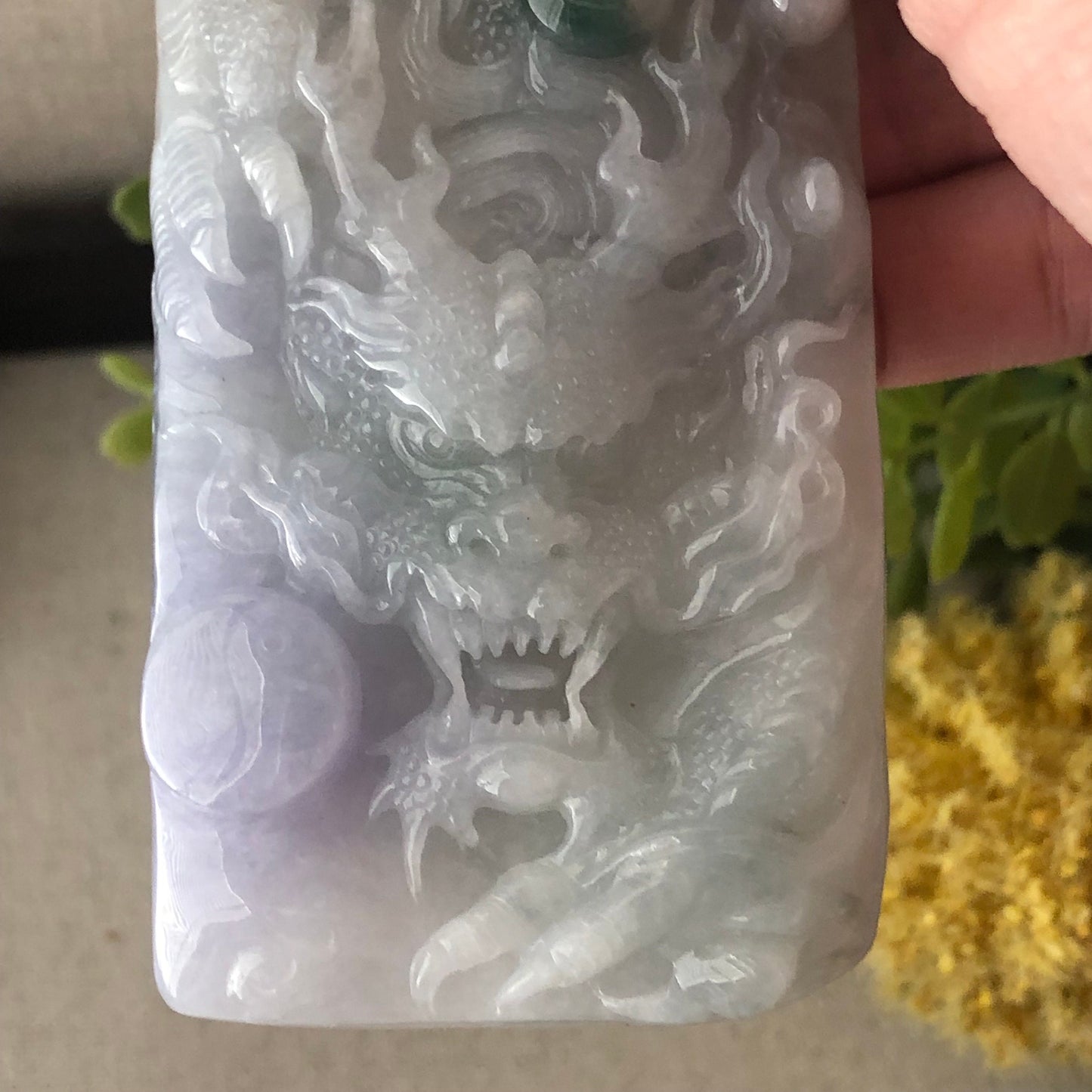 78.3mm Glossy Lavender Green Float Flowers Jadeite Jade Carved Dragon Pendant