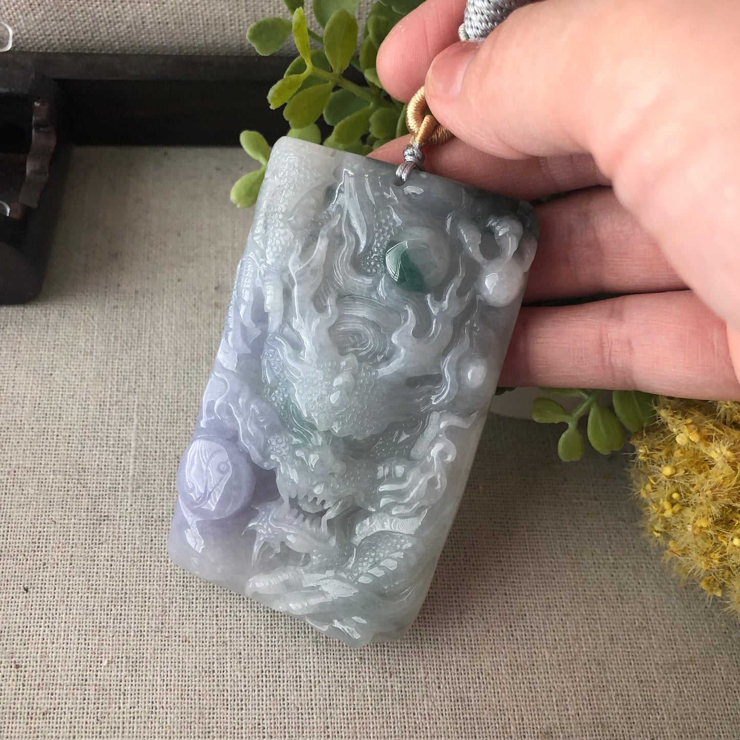 78.3mm Glossy Lavender Green Float Flowers Jadeite Jade Carved Dragon Pendant