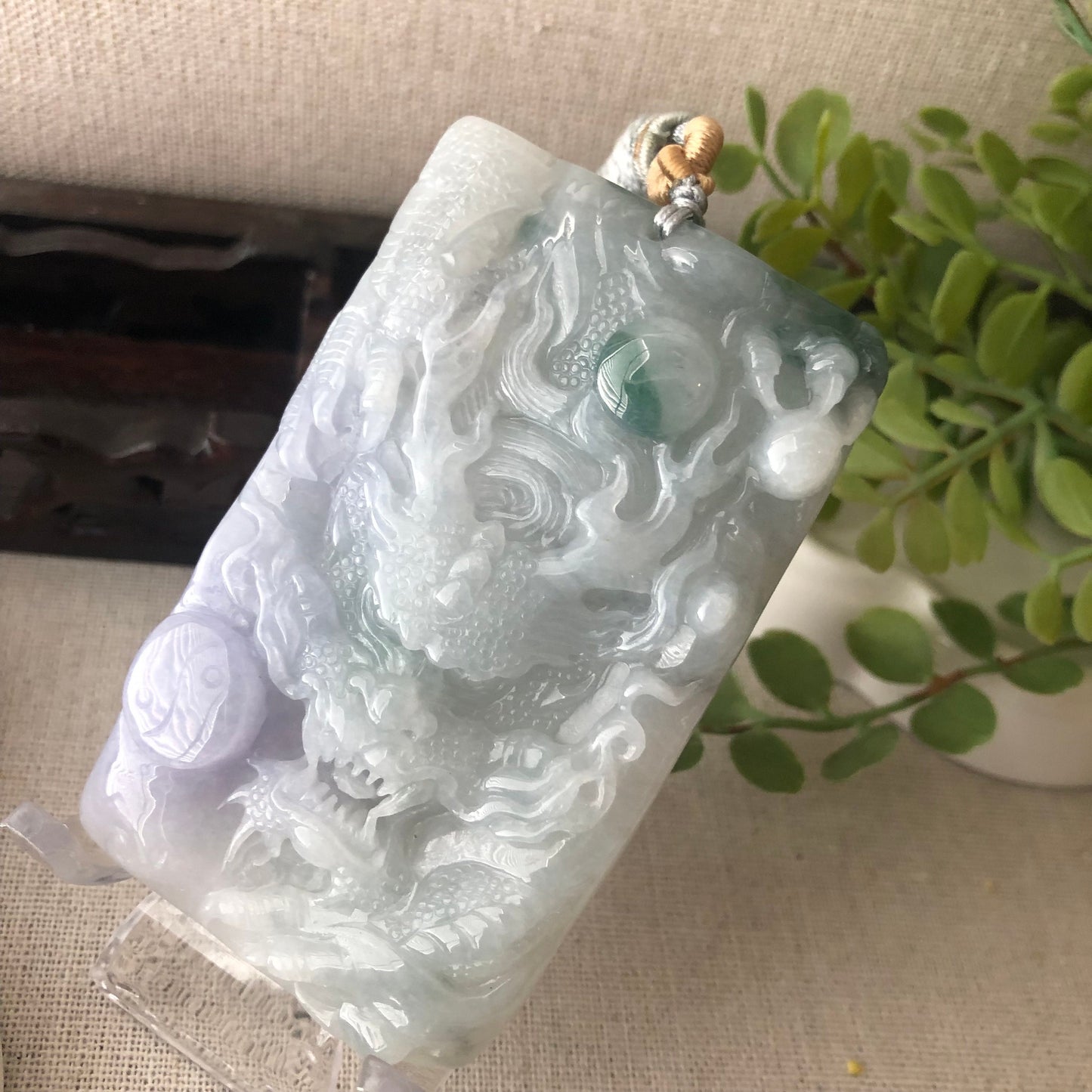 78.3mm Glossy Lavender Green Float Flowers Jadeite Jade Carved Dragon Pendant