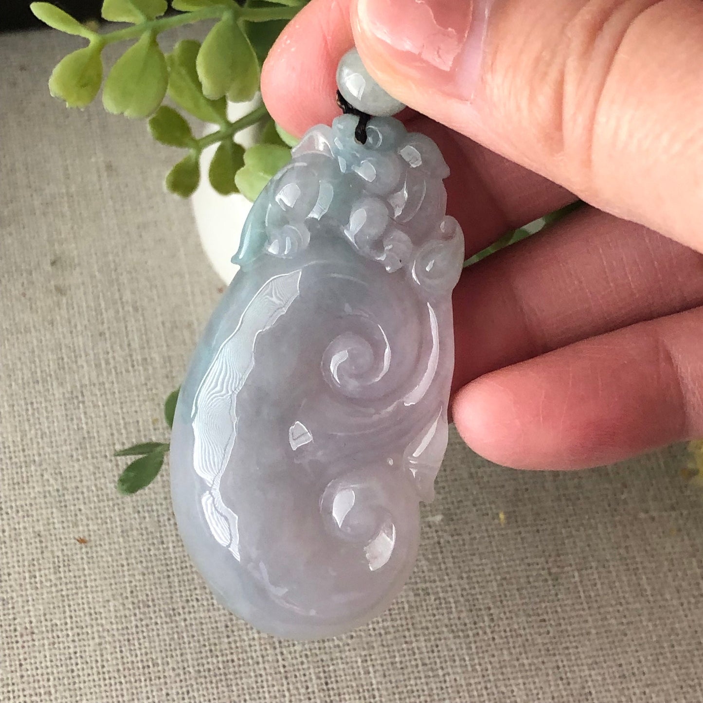 55.9 mm Glossy Green Lavender Carved Pixiu Ruyi Jadeite Jade