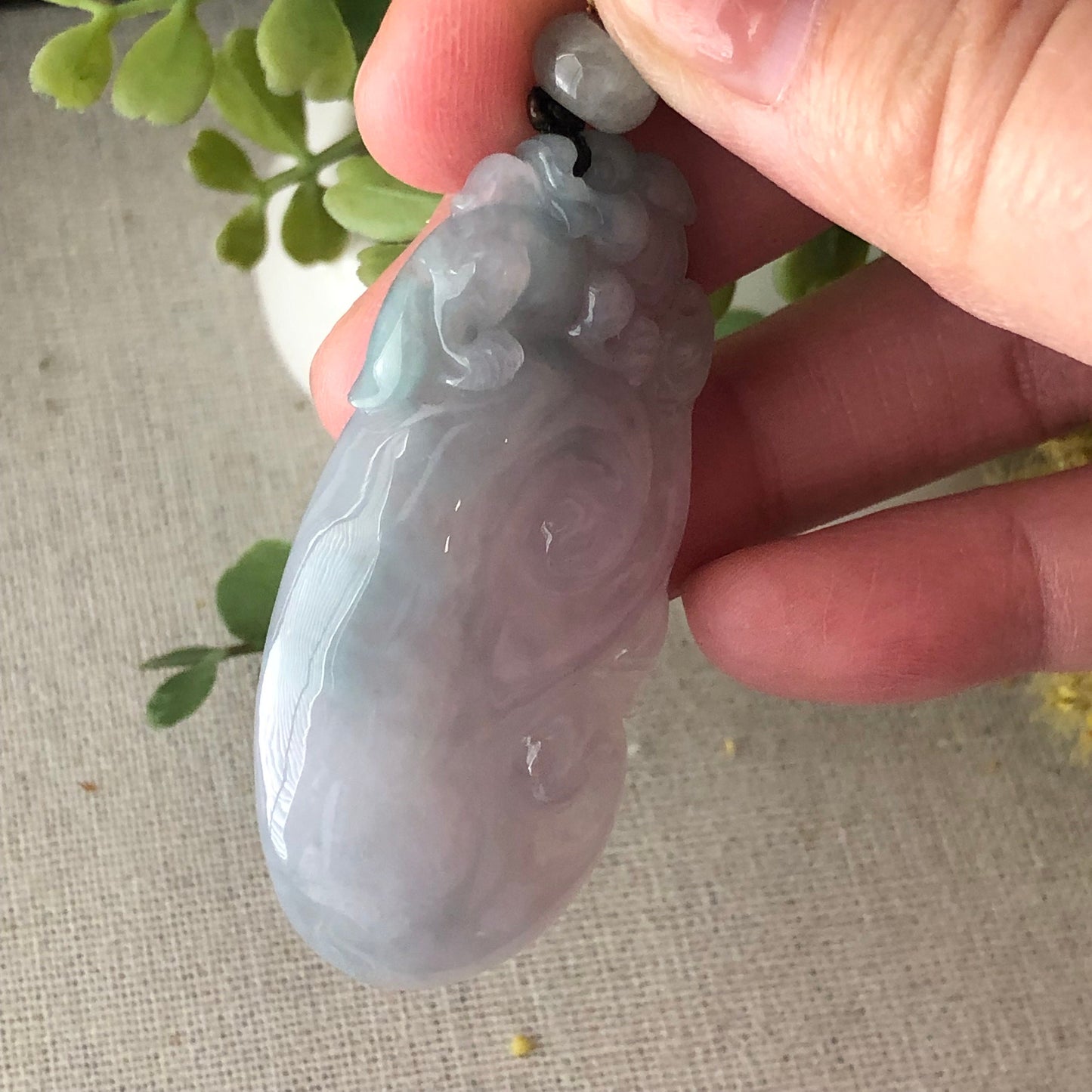 55.9 mm Glossy Green Lavender Carved Pixiu Ruyi Jadeite Jade
