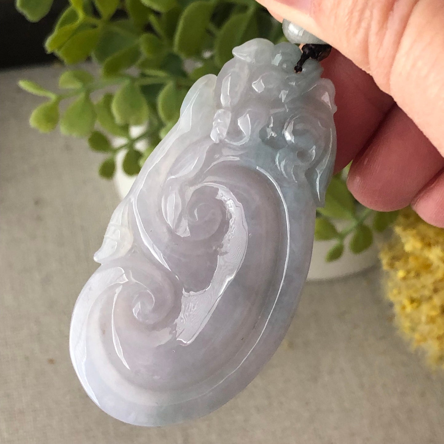 55.9 mm Glossy Green Lavender Carved Pixiu Ruyi Jadeite Jade