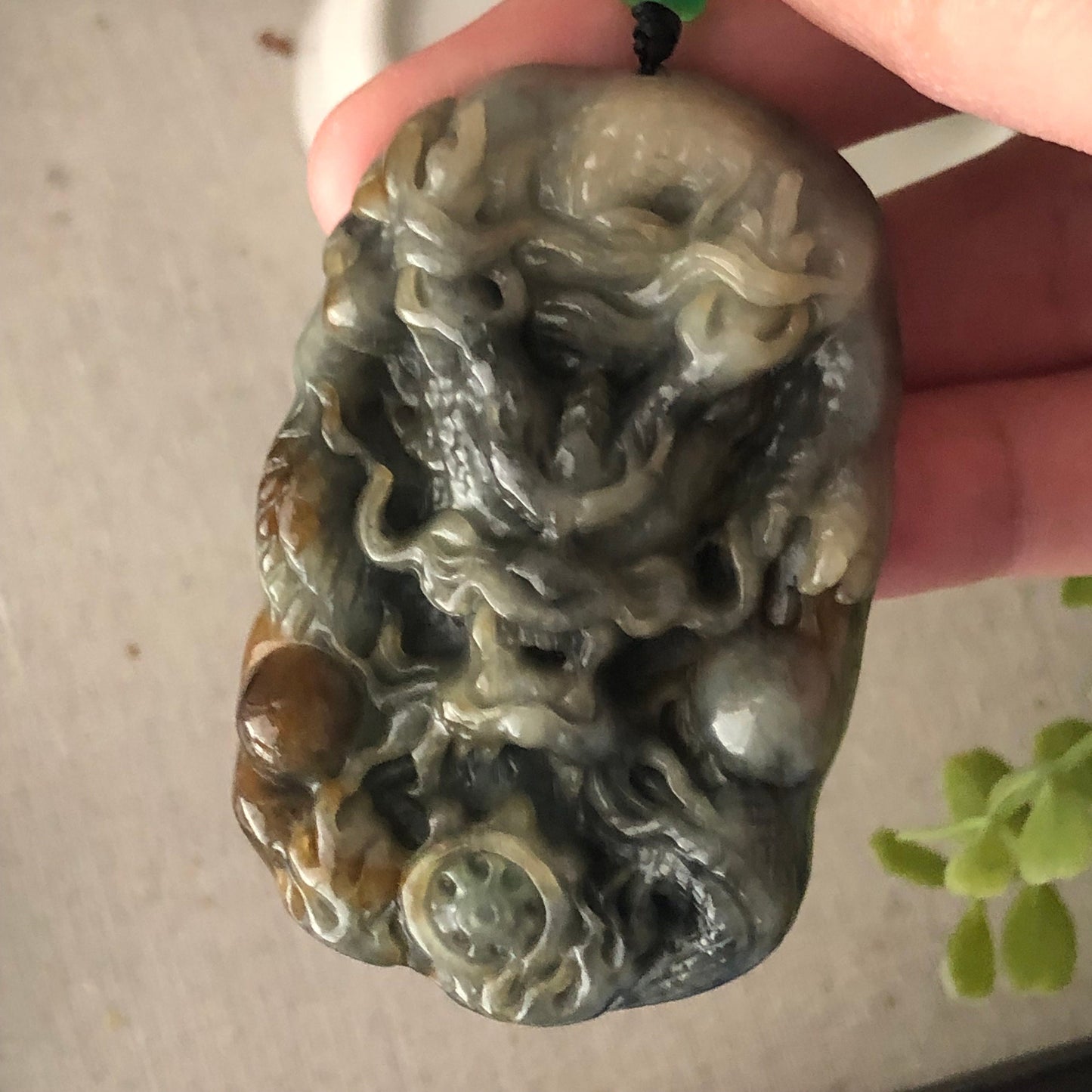 60mm Jadeite Jade Yellow Wuji Carved Dragon Pendant