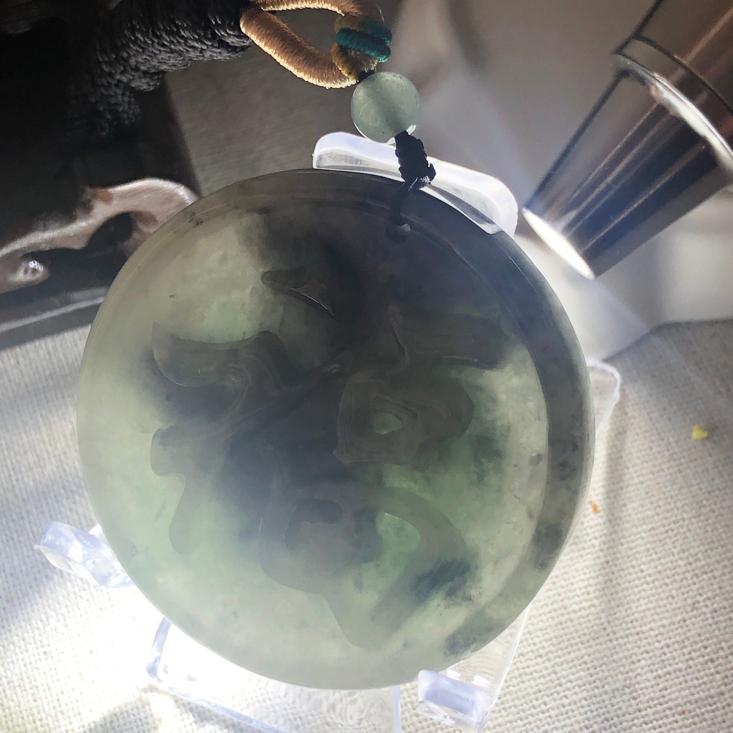 50mm Wuji Jadeite Jade Carved Happiness Character Pendant