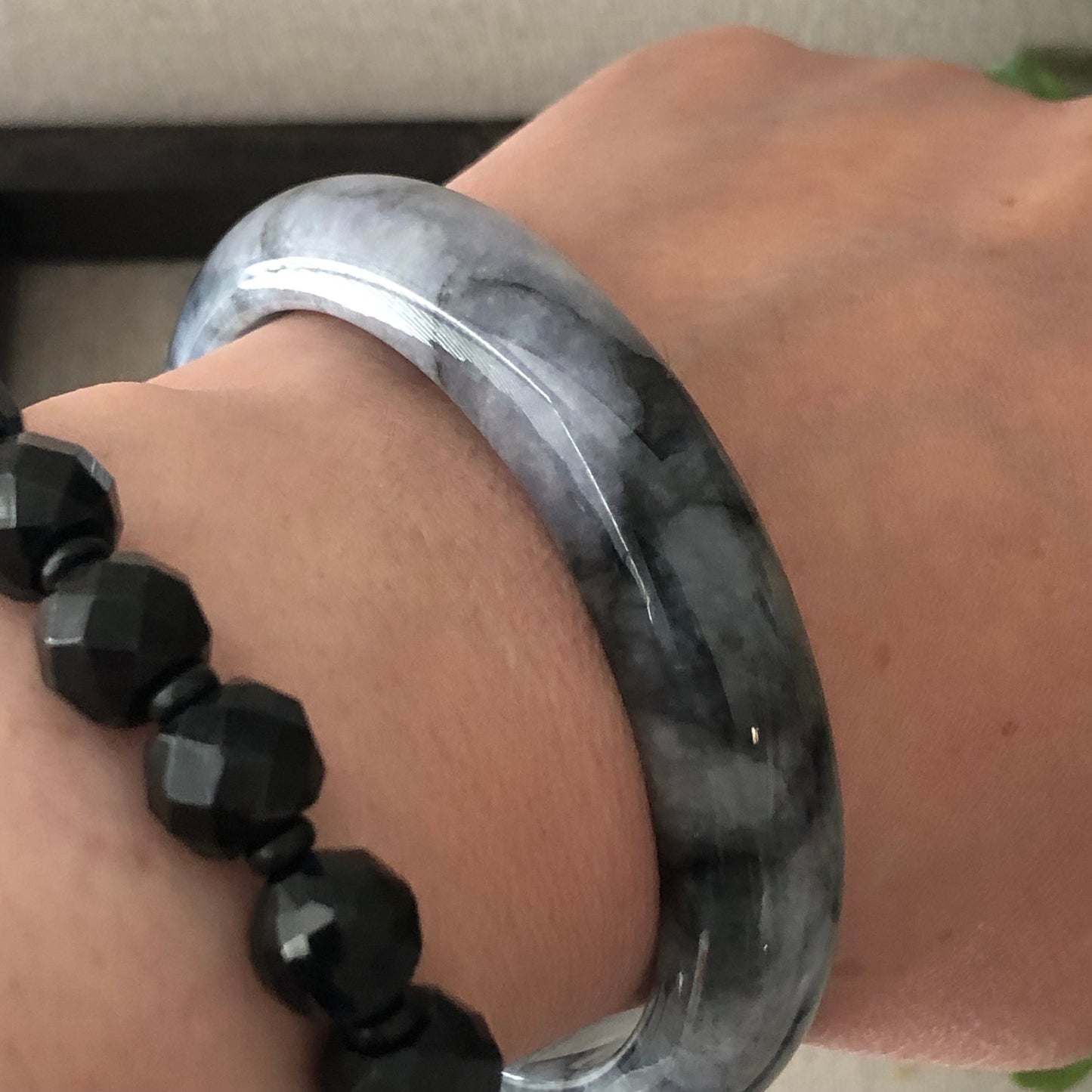 60mm Icy Wuji Jadeite Jade D-shaped Bangle