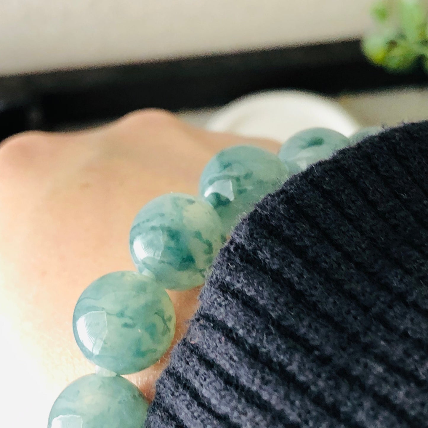 11.5 mm Blue green float flowers Jadeite Jade Bead Bracelet