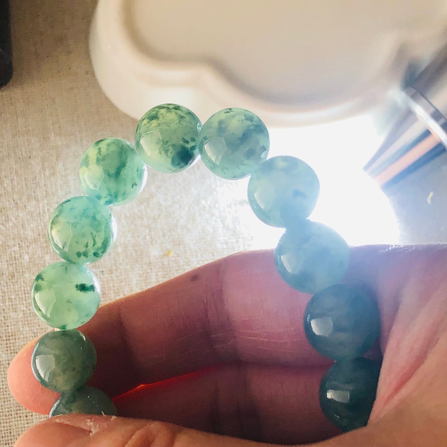 11.5 mm Blue green float flowers Jadeite Jade Bead Bracelet