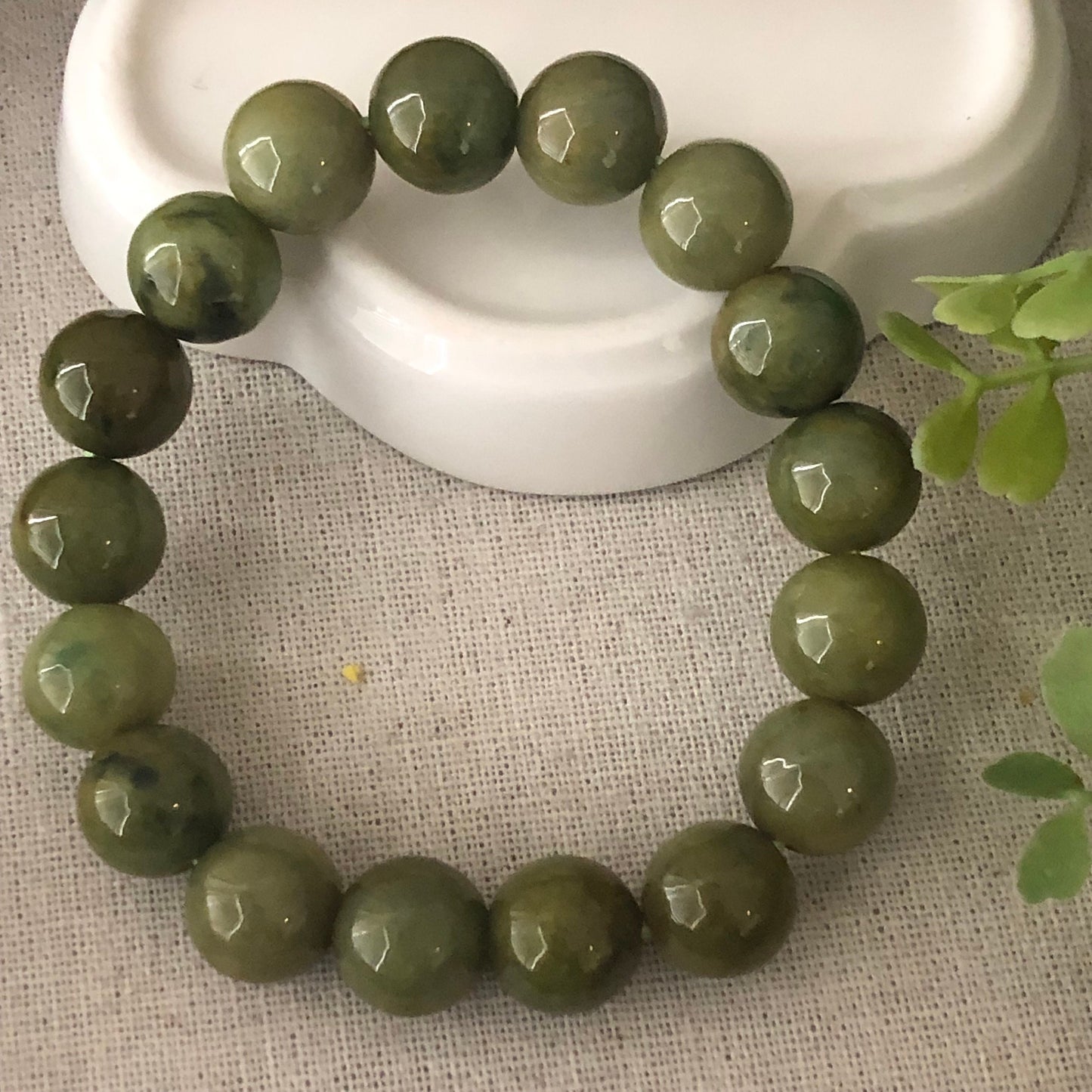 12.5 mm RARE Olive Green Yellow Jadeite Jade Bead Bracelet