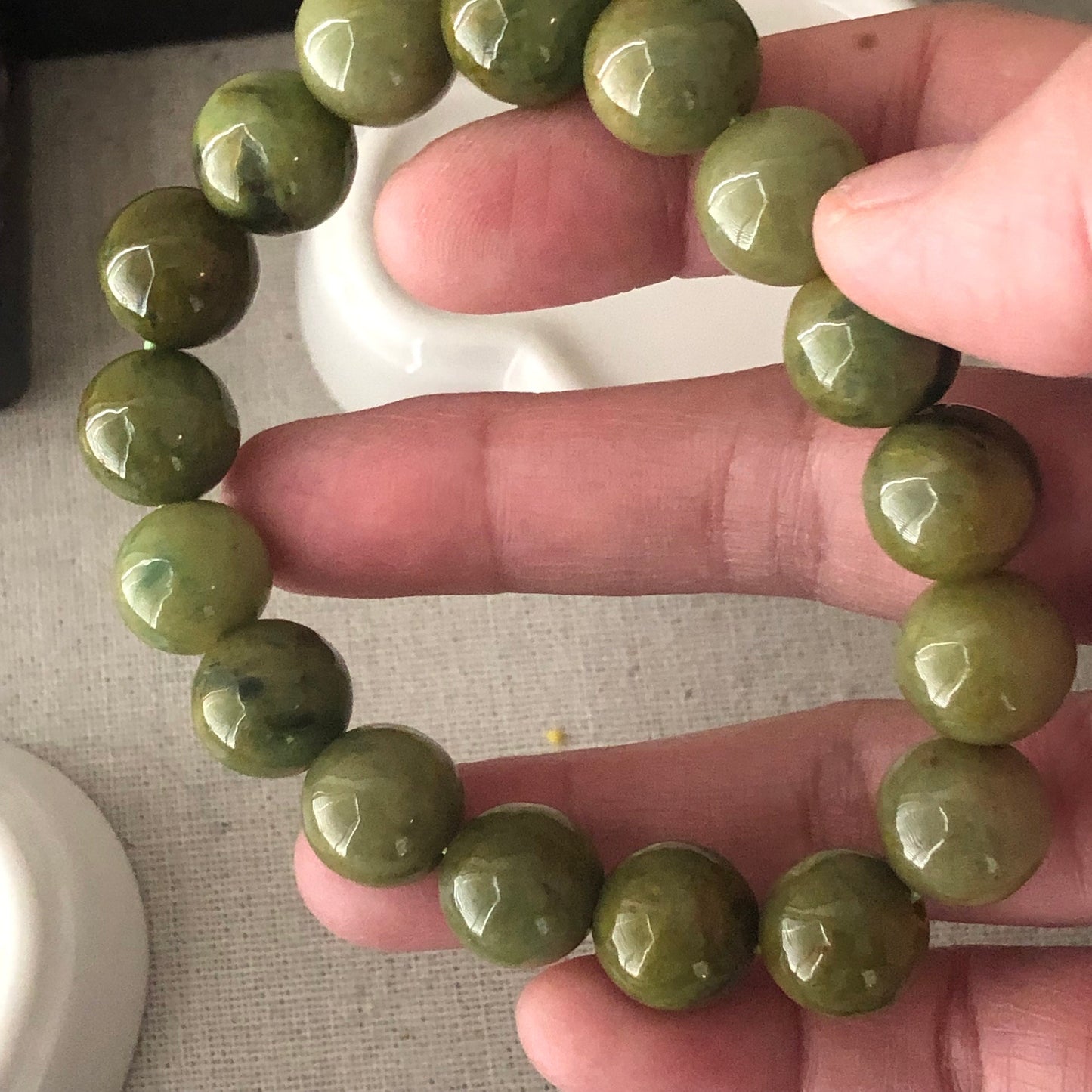 12.5 mm RARE Olive Green Yellow Jadeite Jade Bead Bracelet
