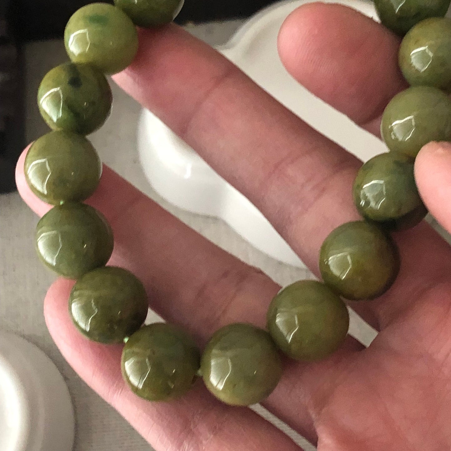12.5 mm RARE Olive Green Yellow Jadeite Jade Bead Bracelet