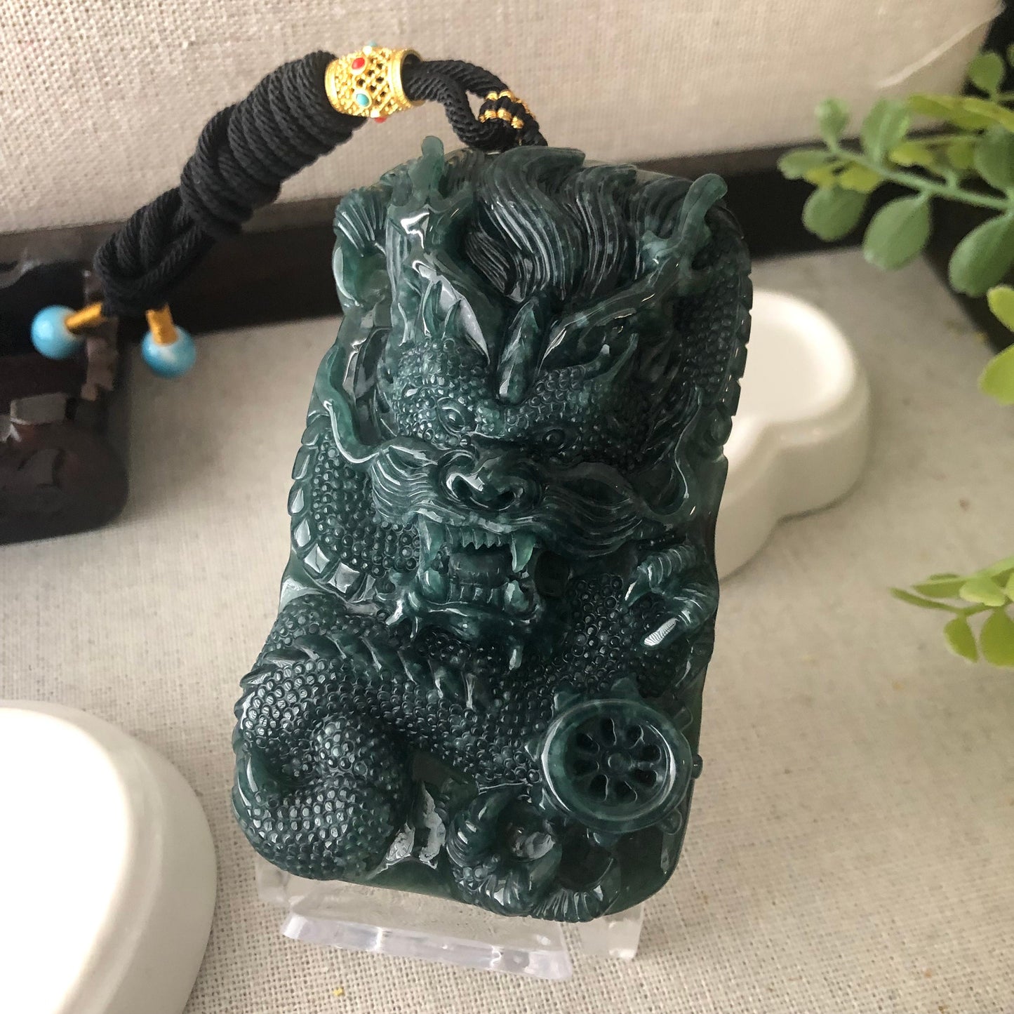 81.5mm Jadeite Jade Glossy Green Carved Dragon Pendant