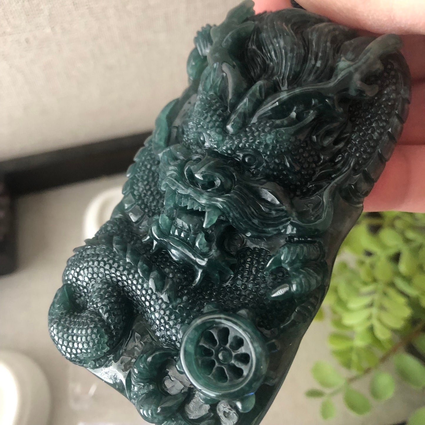 81.5mm Jadeite Jade Glossy Green Carved Dragon Pendant