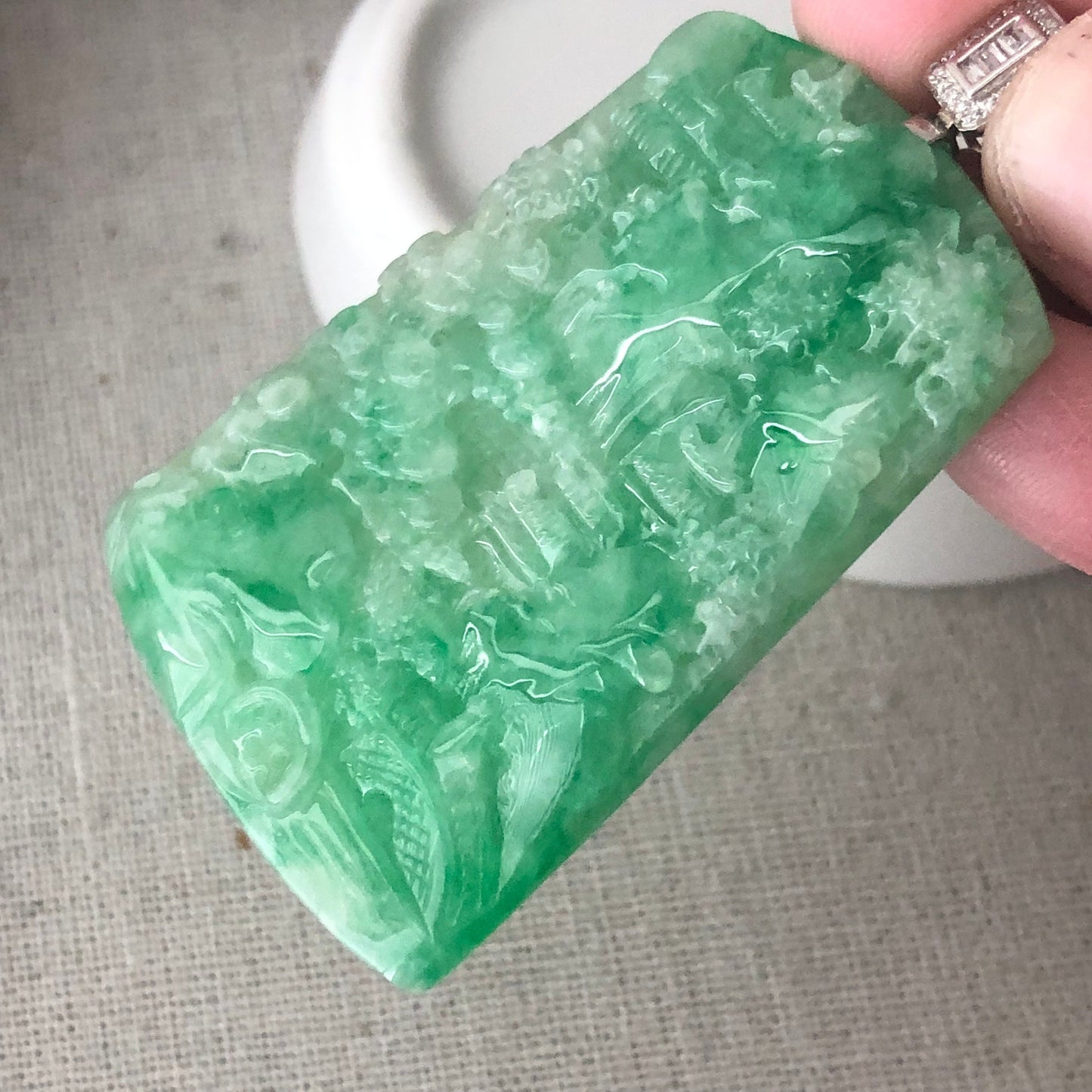 18K 50mm Green Jadeite Jade Carved Landscape Trees Mountain Pendant Diamond Bail