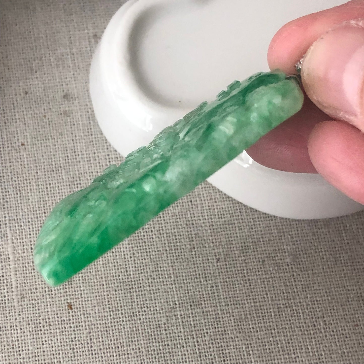 18K 50mm Green Jadeite Jade Carved Landscape Trees Mountain Pendant Diamond Bail
