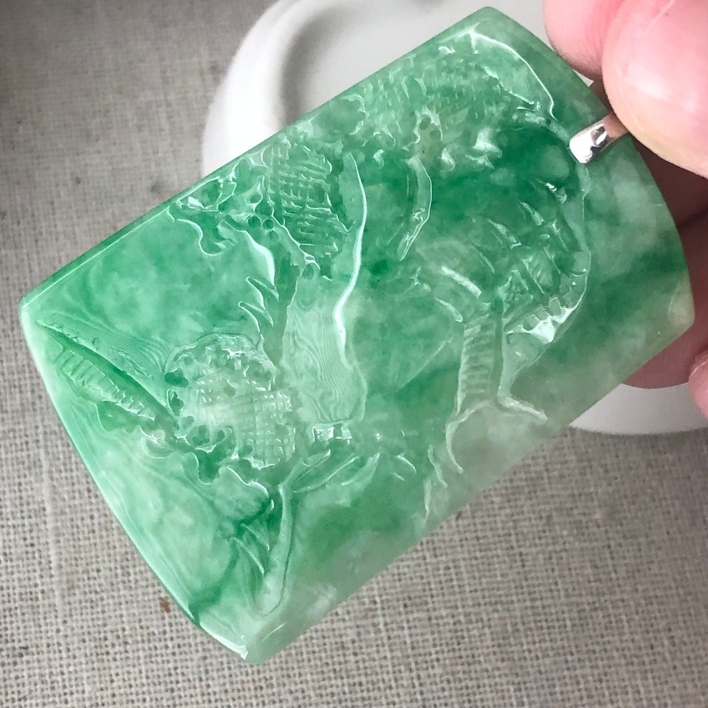 18K 50mm Green Jadeite Jade Carved Landscape Trees Mountain Pendant Diamond Bail