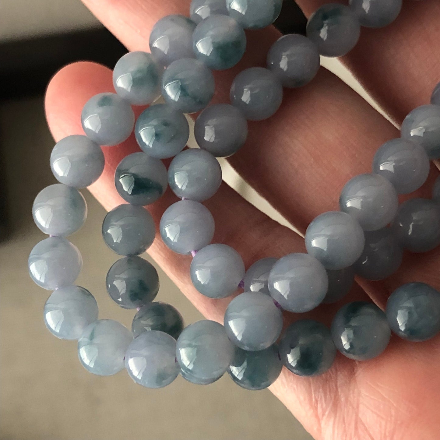 6.3mm Lavender Blue Green Float Flowers Jadeite Jade Bead Bracelet Necklace RARE