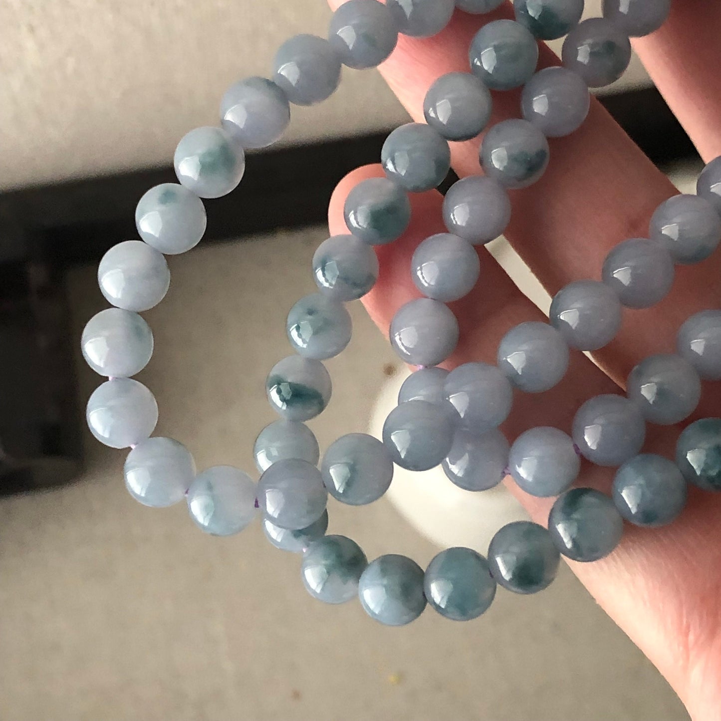 6.3mm Lavender Blue Green Float Flowers Jadeite Jade Bead Bracelet Necklace RARE