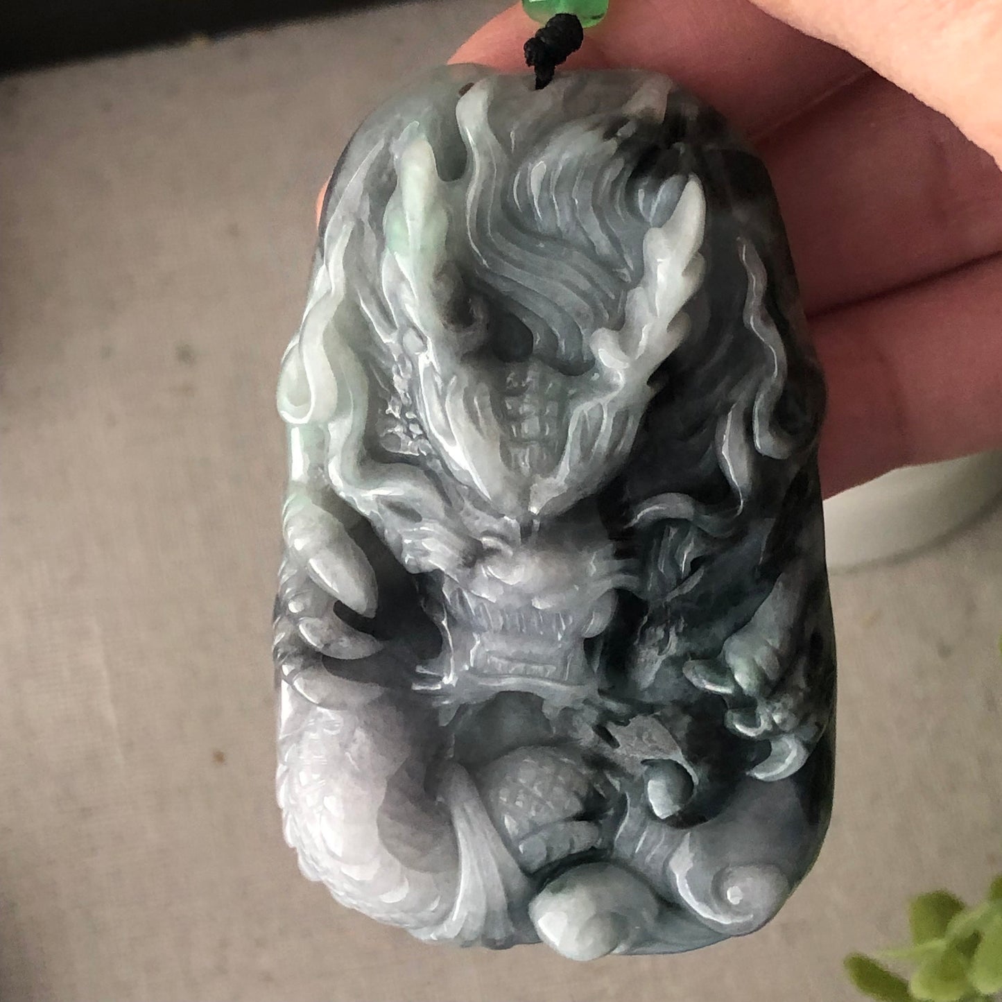 64.3mm Jadeite Jade Wuji Grey Carved Dragon Pendant
