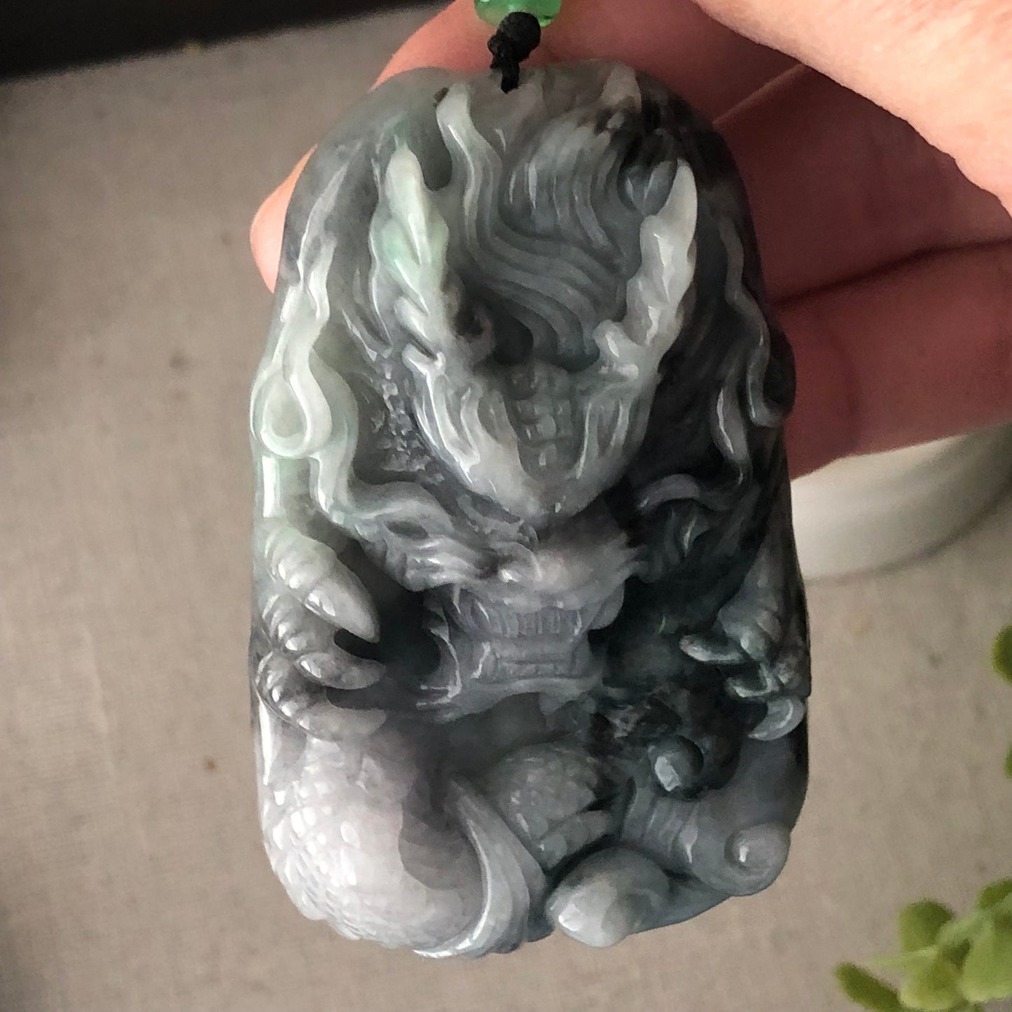 64.3mm Jadeite Jade Wuji Grey Carved Dragon Pendant