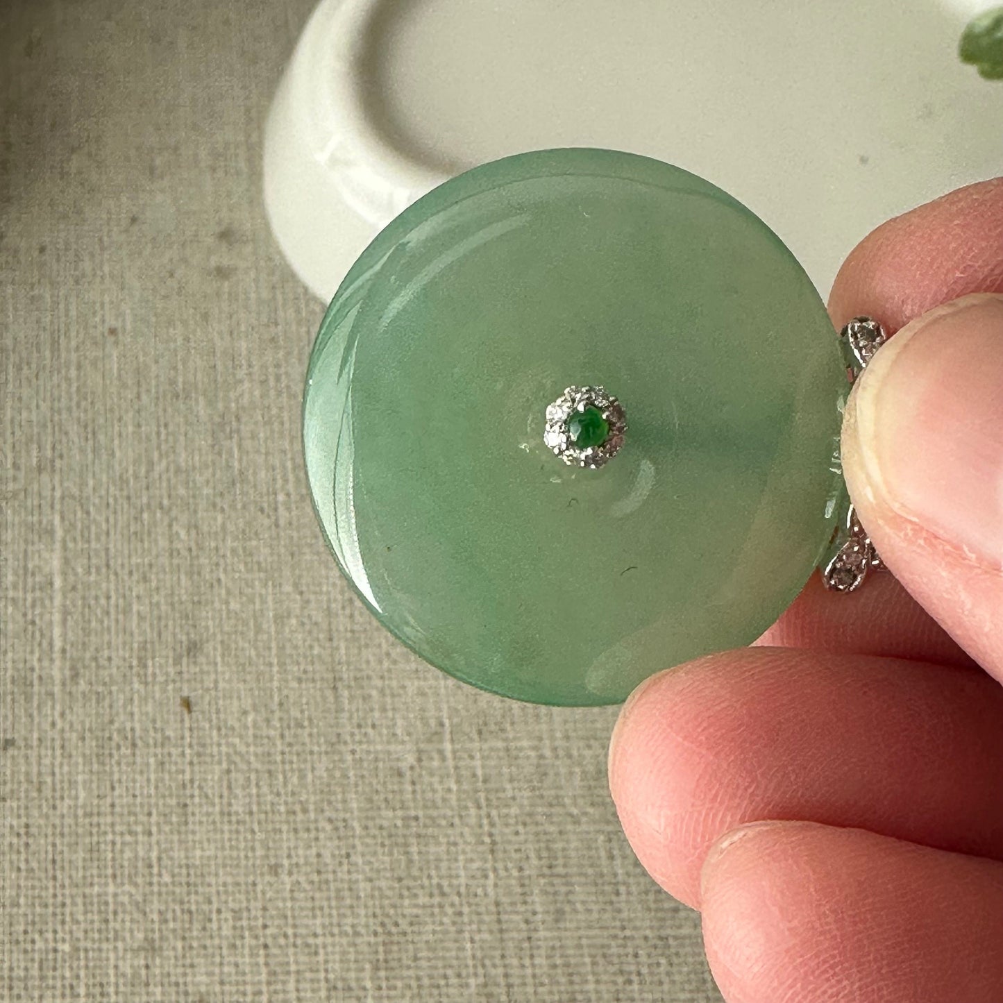 18K 26.7mm Jadeite Jade Icy Green Donut Pendant Diamonds